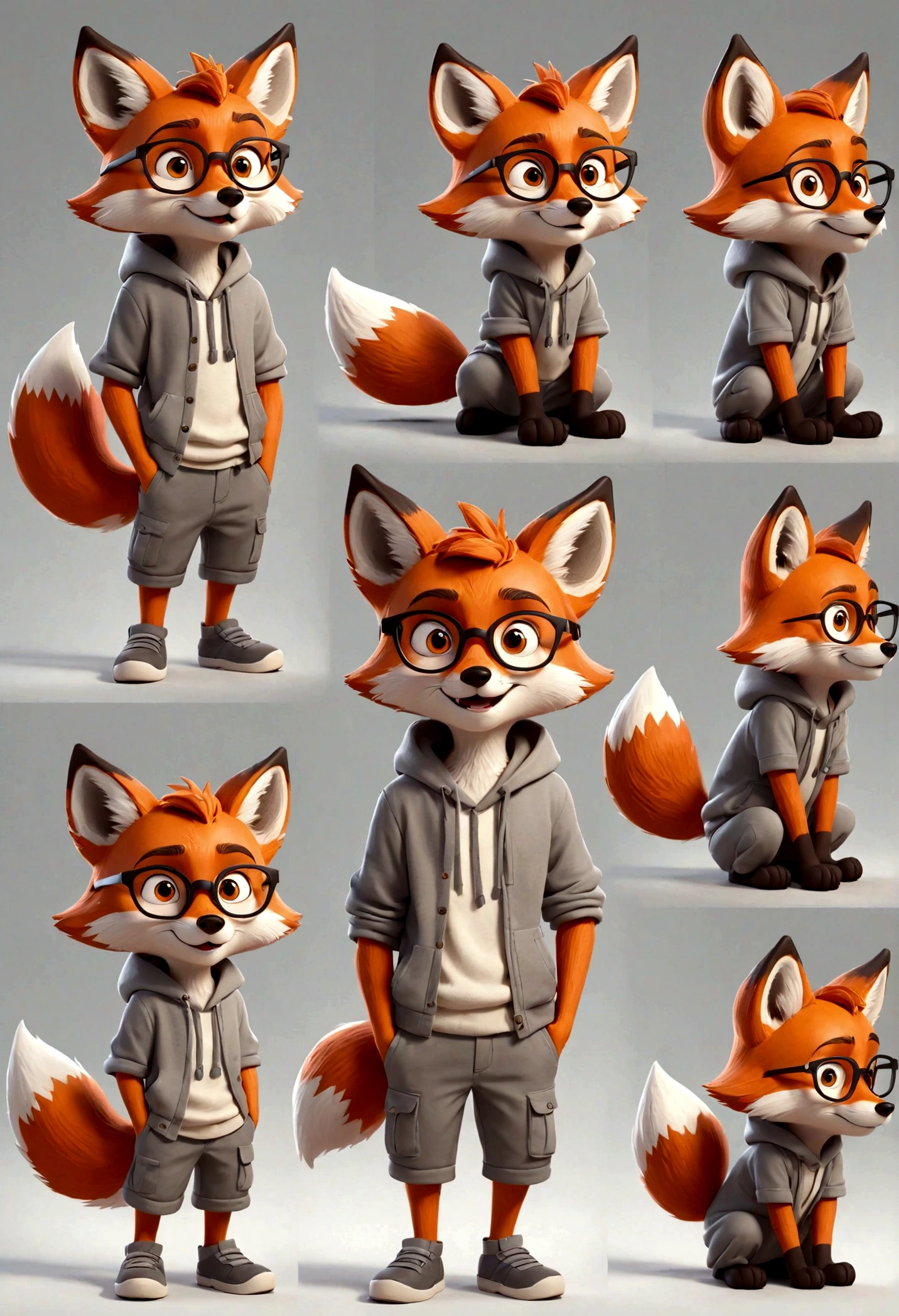 gray boy cartoon fox character, multiple poses and expressions, 4 poses, full body, children's book illustration style, simple, cute, artist, full color, 3d model, light and shadow, gray clothes, wearing glasses, flat color, white background