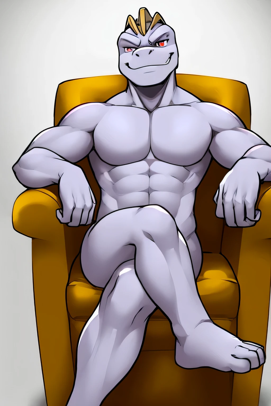 adult male, machoke, solo, sitting in an armchair with crossed legs, nude, smirk, smug,