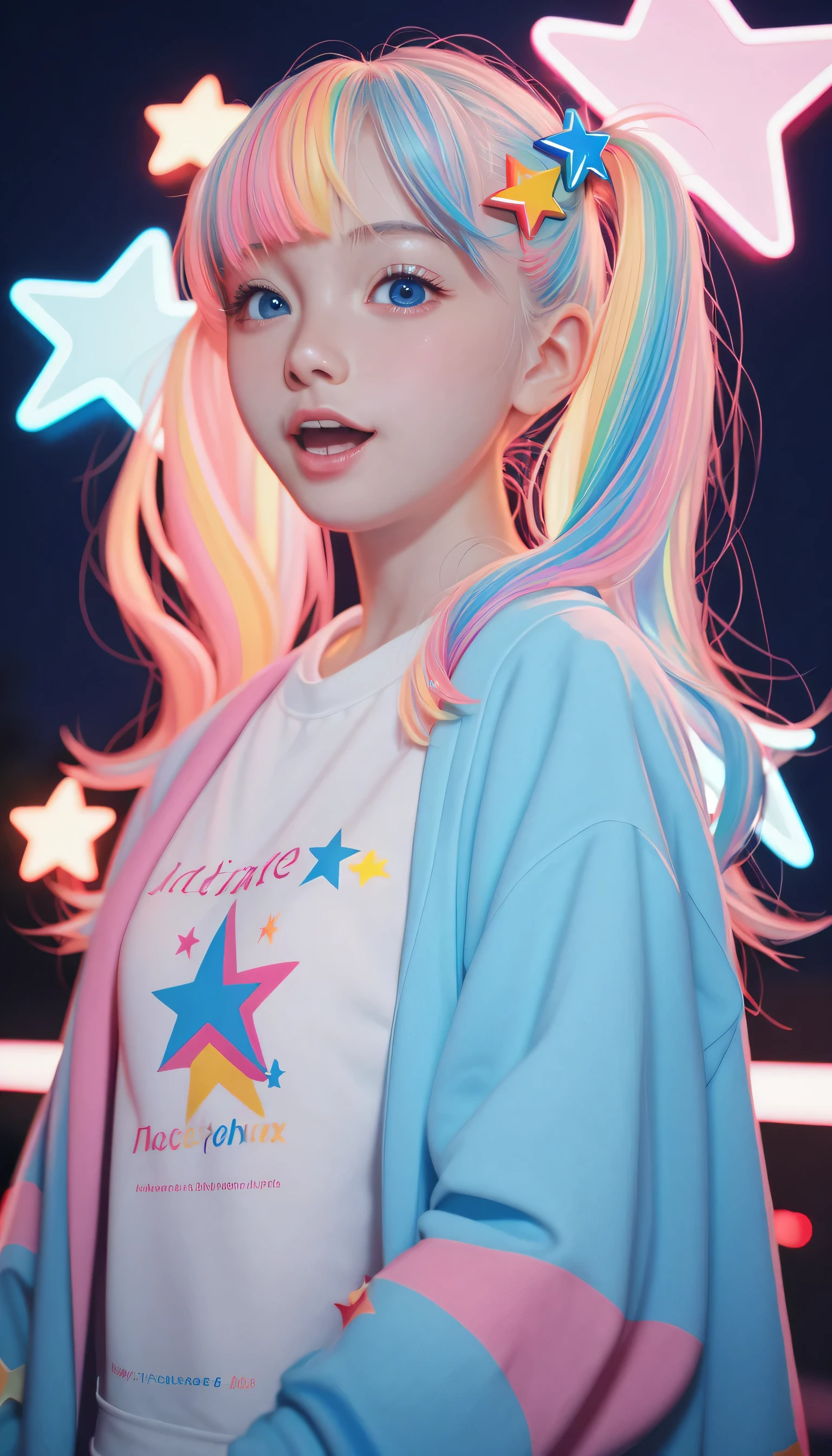 score_9_up, score_8_up, score_7_up, score_6_up, 1girl, solo, pastel colors, open mouth, long hair, star , (symbol), star hair ornament, hair ornament, twintails, looking at viewer, blue eyes, pastel neon lighting, source_anime, neon, neon theme , 