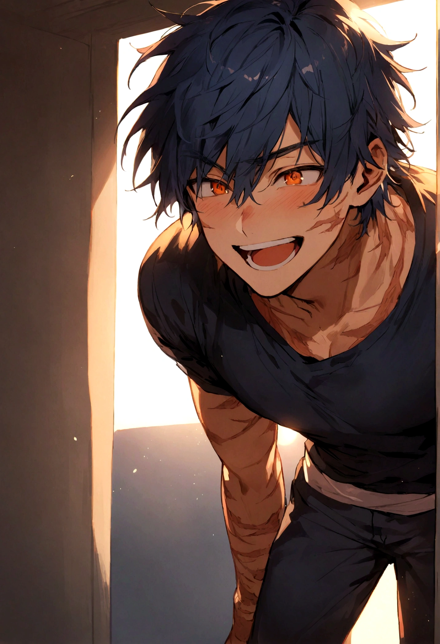 boy, man, male, navy blue hair, short hair, orange eyes, scars all over his body, uses basic clothes, happy expression