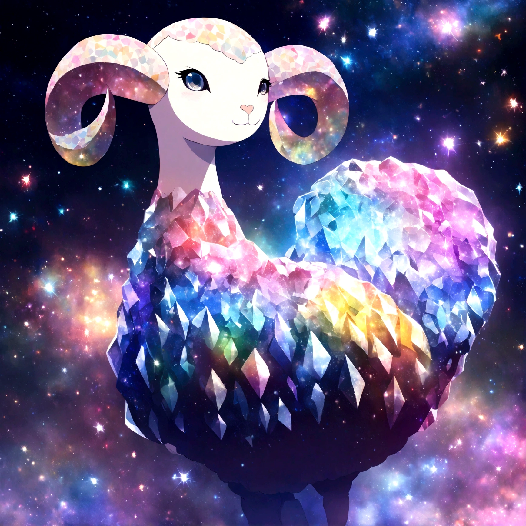 A colorful crystal lamb stands in the starry sky of the universe