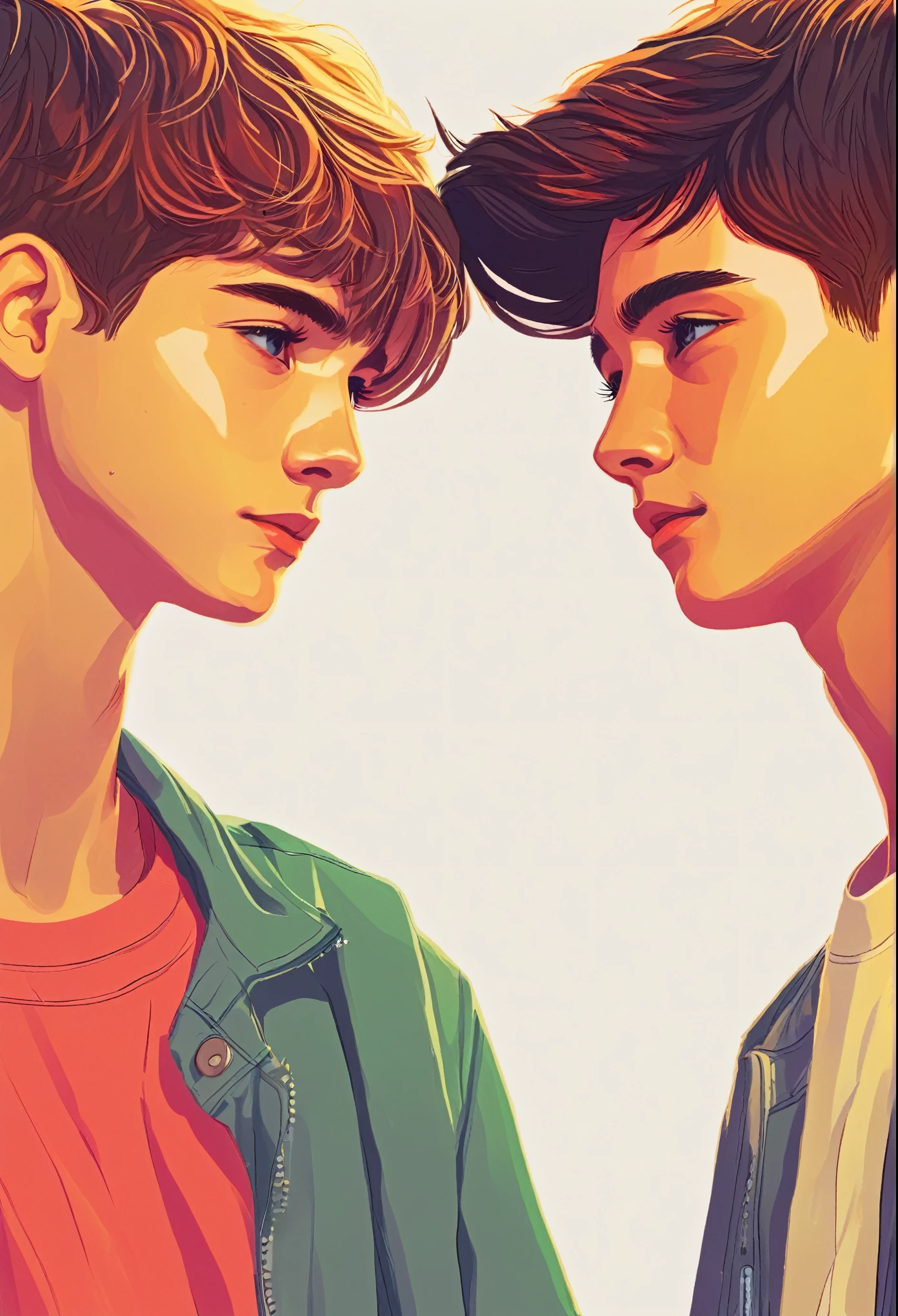 A warm-colored Wattpad book cover about two teenage boys looking into each other&#39;s eyes, ambos con cabello negro, one longer than the other, que la portada contenga girasoles.  Que se vea en una calidad de dibujo, and whose title is “Your sun-colored eyes”