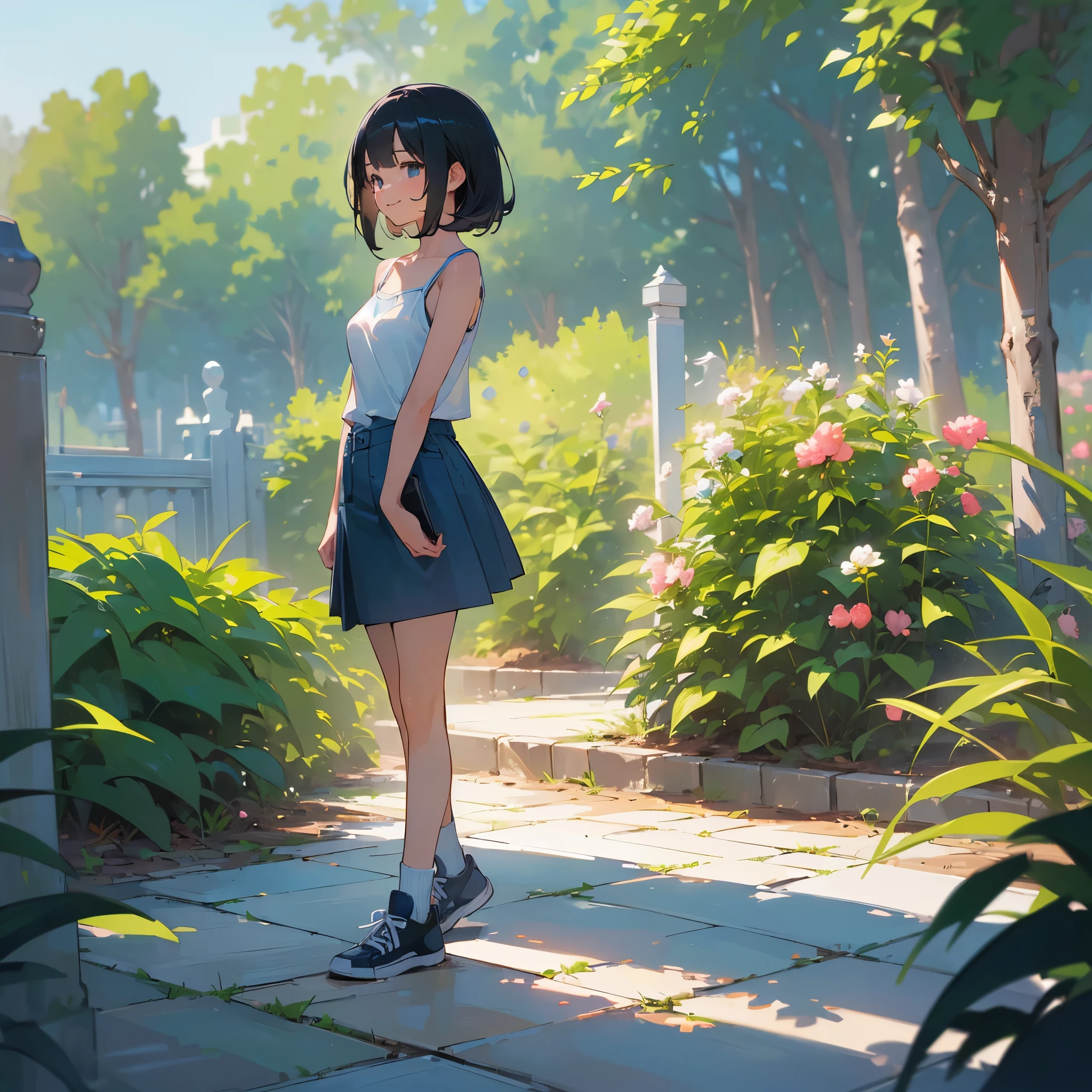 (high quality, High resolution, Very detailed, reality:1.37), Peaceful atmosphere, (Outdoor, garden), Teenage girl standing alone, (my breasts are big.), Beautiful details, Cute Smile, (Black bob hair), camisole, Denim skirt, Blue socks, sneakers.