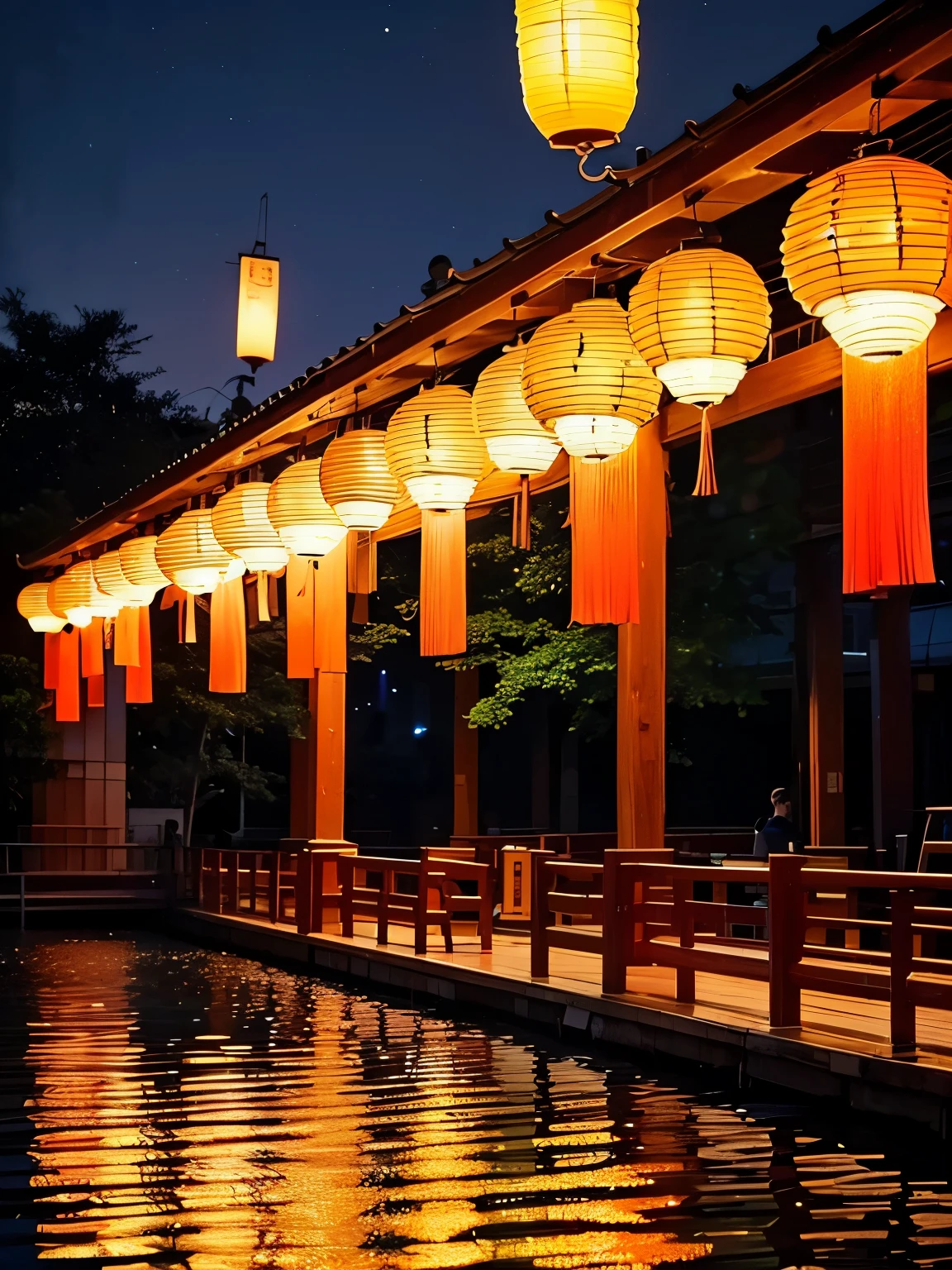 (8K, highest quality, masterpiece),(Realistic, RAW Photos, Super Fine Clear), Realistic Light, Lantern Festival in Tainan, no peoples, lake side, traditional chinese wooden buildings, (fly many lanterns into the night sky:1.2)
