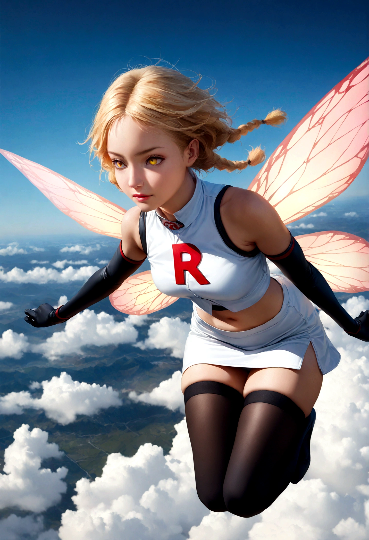 photorealistic, (4k), depth of field, (Masterpiece), (realistic skin texture), extremely detailed, intricate, hyper detailed, professional photography, high resolution, sharp detail, best quality, fairy, (fairy wings:1.2), blonde hair, twin braids, yellow eyes, (flying:1.5), above clouds, in sky, blue sky, (clouds:1.3), between clouds, landscape far away,team rocket,team rocket uniform,white skirt,red letter R,crop top,black thigh-highs,black elbow gloves