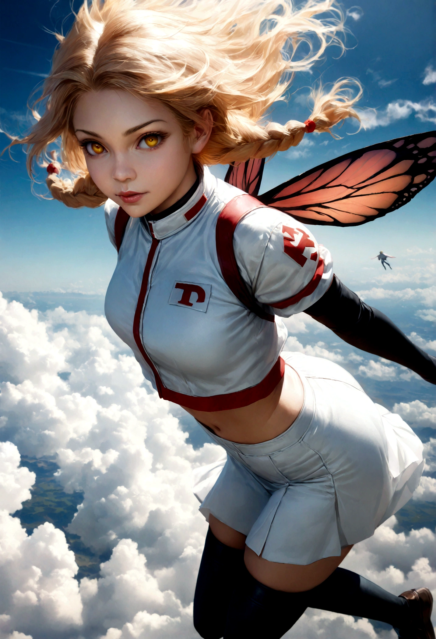 photorealistic, (4k), depth of field, (Masterpiece), (realistic skin texture), extremely detailed, intricate, hyper detailed, professional photography, high resolution, sharp detail, best quality, fairy, (fairy wings:1.2), blonde hair, twin braids, yellow eyes, (flying:1.5), above clouds, in sky, blue sky, (clouds:1.3), between clouds, landscape far away,team rocket,team rocket uniform,white skirt,red letter R,crop top,black thigh-highs,black elbow gloves