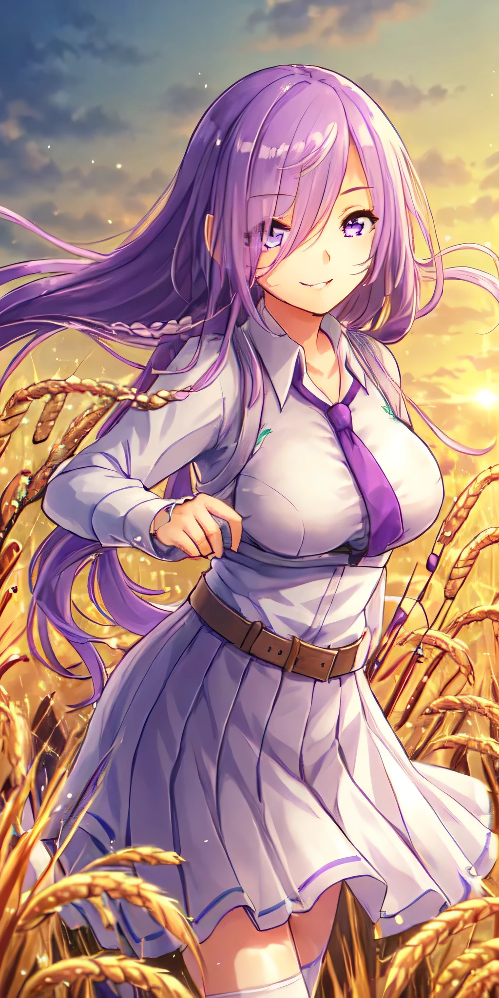 (The best shade) ,nature, harvest ,(((Wheat field))), Very polite --v6, skirt、Purple eyes、tie、chest、Purple Hair、arms、Very long hair、White skirt、Pole Arm、smile、Big chest、Pleated skirt、Long hair tied low、Keep、Watching the audience、Thigh-high socks、shirt、Purple tie、Hair above one eye、Has arms、White shirt、Eyes visible through hair、gun、belt、Long sleeve、((masterpiece))、(((highest quality)))、((Super detailed))、((An illustration))、Attention to detail、Highly detailed CG Unity 8k、High resolution、Beautiful detailed eyes、Attention to detail、Beautiful detailed eyes、Kura Satomi、