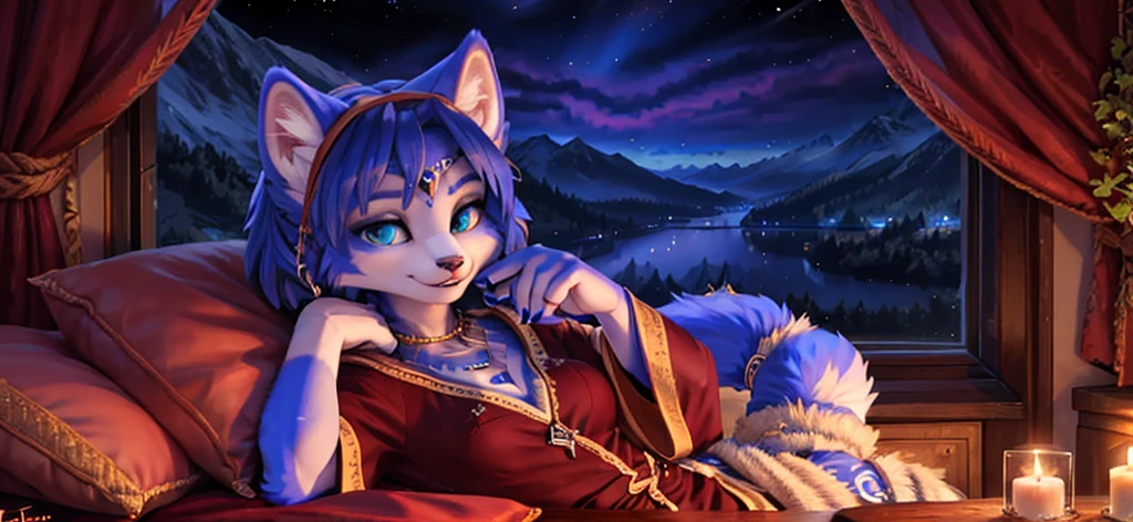 A beautiful and detailed (sweet portrait) von ((Krystal)), Sternenfuchs Krystal, Schlank, liebenswert, green eyes, medium breasts, (((Lange blaue Haare 1.3))), ((schwarze haarspitzen)), Dekollete, Grinsen, hoch schauen,, anthro, Pelzig, Hochgeladen E621, detailed flauschige fur, (von Fluff-Kevlar, Bayard Wu, Personalami, Pino Daeni), detailliertes Gesicht, (flauschige), 1 girl, Allein, Stammes-Kleidung, sweet girl, solo, wears a mages robe