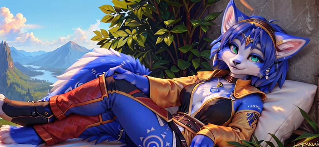 A beautiful and detailed (sweet portrait) von ((Krystal)), Sternenfuchs Krystal, Schlank, liebenswert, green eyes, medium breasts, (((Lange blaue Haare 1.3))),  ((schwarze haarspitzen)), Dekollete, Grinsen, hoch schauen,, anthro, Pelzig, Hochgeladen E621, detailed flauschige fur, (von Fluff-Kevlar, Bayard Wu, Personalami, Pino Daeni), detailliertes Gesicht, (flauschige), 1 girl, Allein,  Stammes-Kleidung, sweet girl, solo, wears a mages robe 
