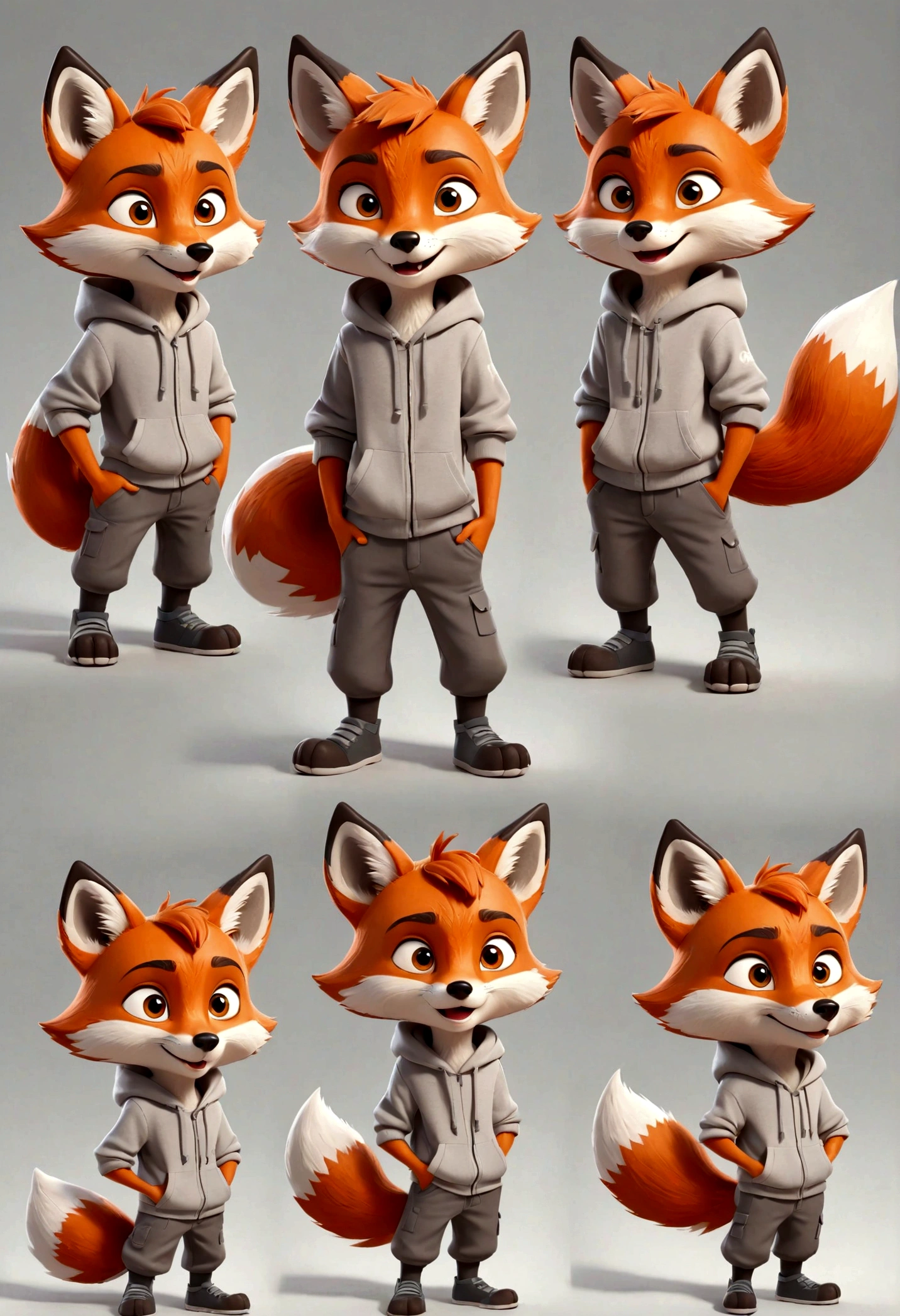 gray boy cartoon fox character, multiple poses and expressions, 4 poses, full body, children's book illustration style, simple, cute, artist, full color, 3d model, light and shadow, gray clothes, flat color, white background