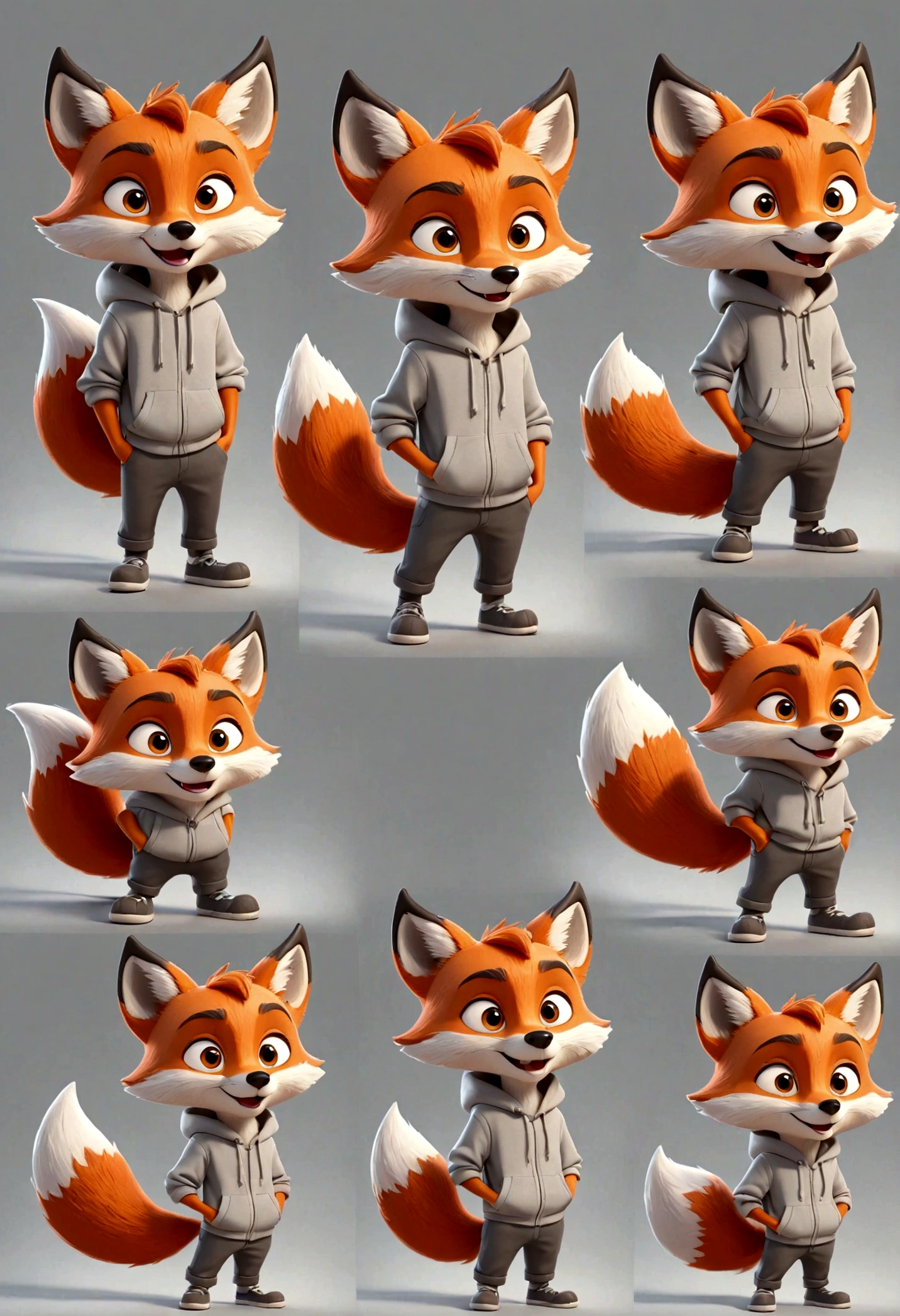 gray boy cartoon fox character, multiple poses and expressions, 4 poses, full body, children's book illustration style, simple, cute, artist, full color, 3d model, light and shadow, gray clothes, flat color, white background