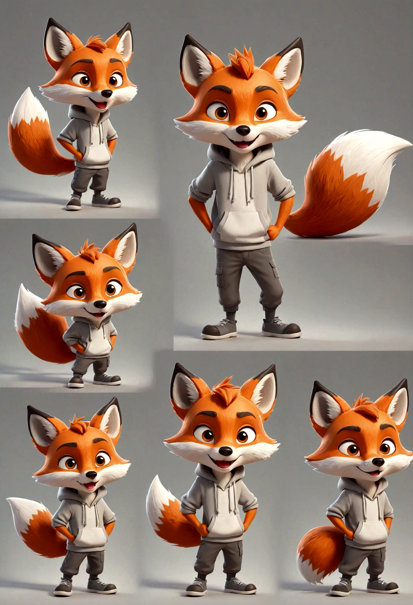 gray boy cartoon fox character, multiple poses and expressions, 4 poses, full body, children's book illustration style, simple, cute, artist, full color, 3d model, light and shadow, gray clothes, flat color, white background