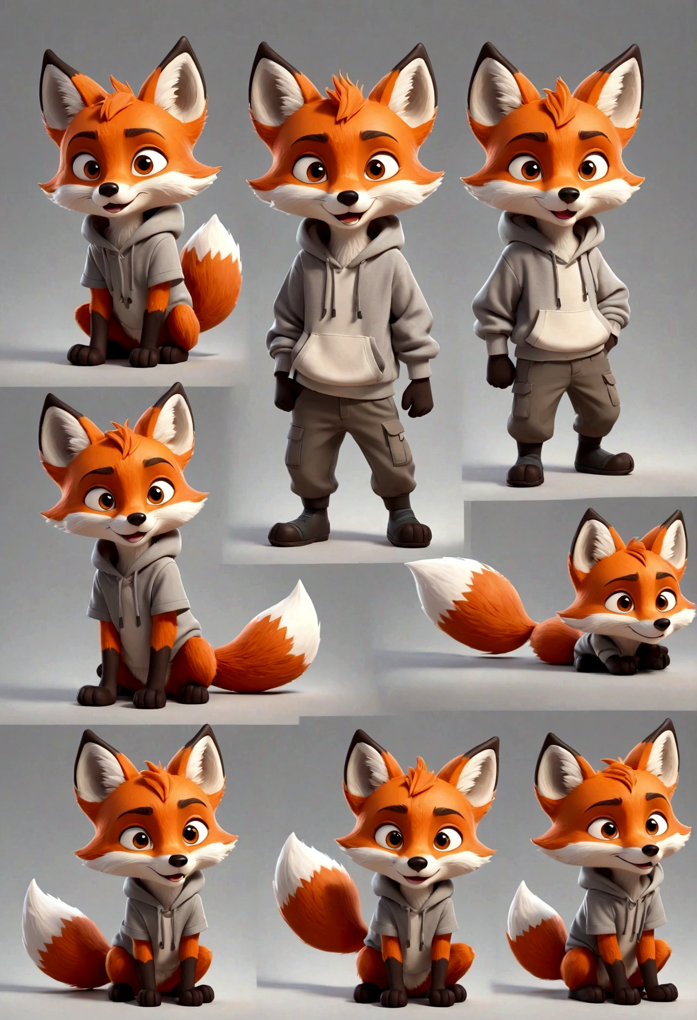 gray boy cartoon fox character, multiple poses and expressions, 4 poses, full body, children's book illustration style, simple, cute, artist, full color, 3d model, light and shadow, gray clothes, flat color, white background