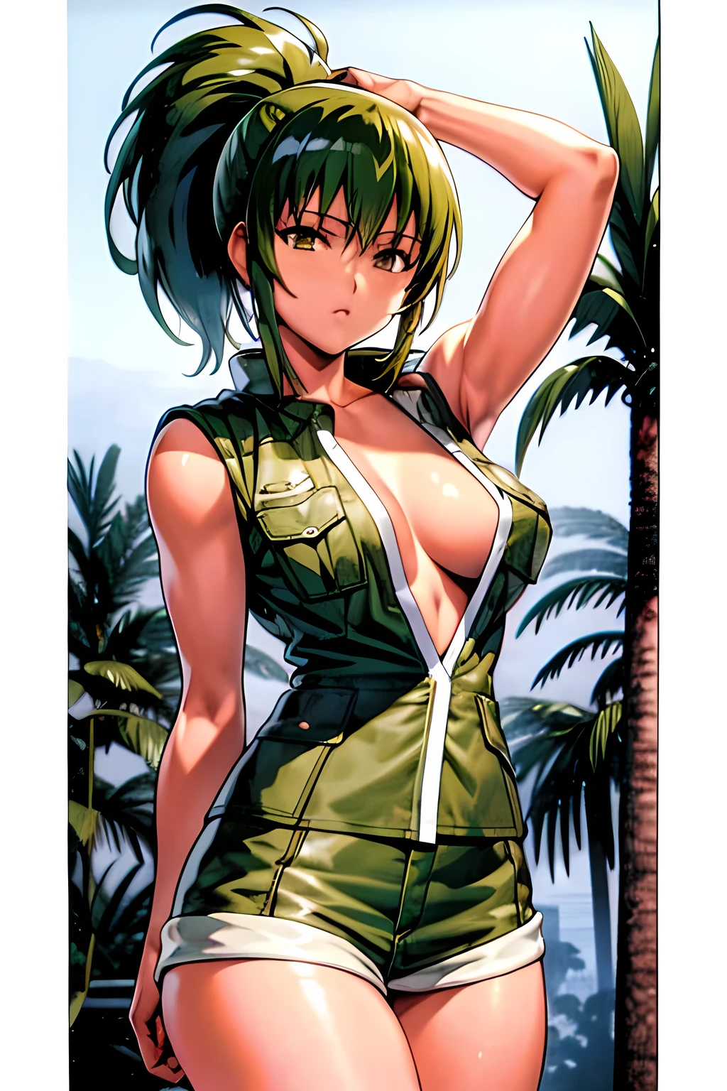 masterpiece, best quality, anime 1990s \(style\, leona heidern, naked,fully open vest, jungle, army, cammo, pony tail., mini short.