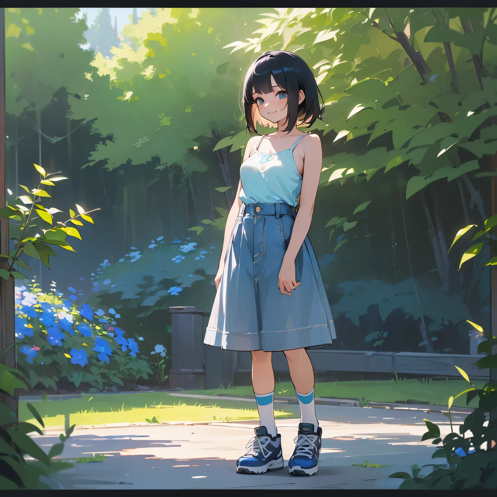 (high quality, High resolution, Very detailed, reality:1.37), Peaceful atmosphere, (Outdoor, garden), Teenage girl standing alone, (my breasts are big.), Beautiful details, Cute Smile, (Black bob hair), camisole, Denim skirt, Blue socks, sneakers.