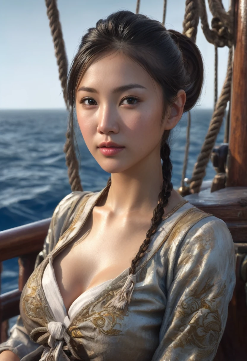 (((Creates shiny realistic photos))) A 15 year old medium breasted asian girl with ponytail hair in shabby clothes sits on the edge of the deck of a pirate ship sailing at anchor, looking out to sea with a curious look while seagulls fly around her, hyperrealism, realistic lighting, ultra skin texsture, stable diffusion, perfect anatomy, crazy details, hyperrealism body, hyperrealism face, hyperrealism breast, hyperrealism hair, hyperrealism shadows, hyperrealism texsture, hyperrealism skin texsture, hyperrealism detailed face, hyperrealism detailed body, hyperrealism detailed breast, hyperrealism detailed hair, hyperrealism detailed anatomy, hyperrealism detailed lighting, hyperrealism detailed shadows, hyperrealism detailed texsture, hyperrealism detailed background