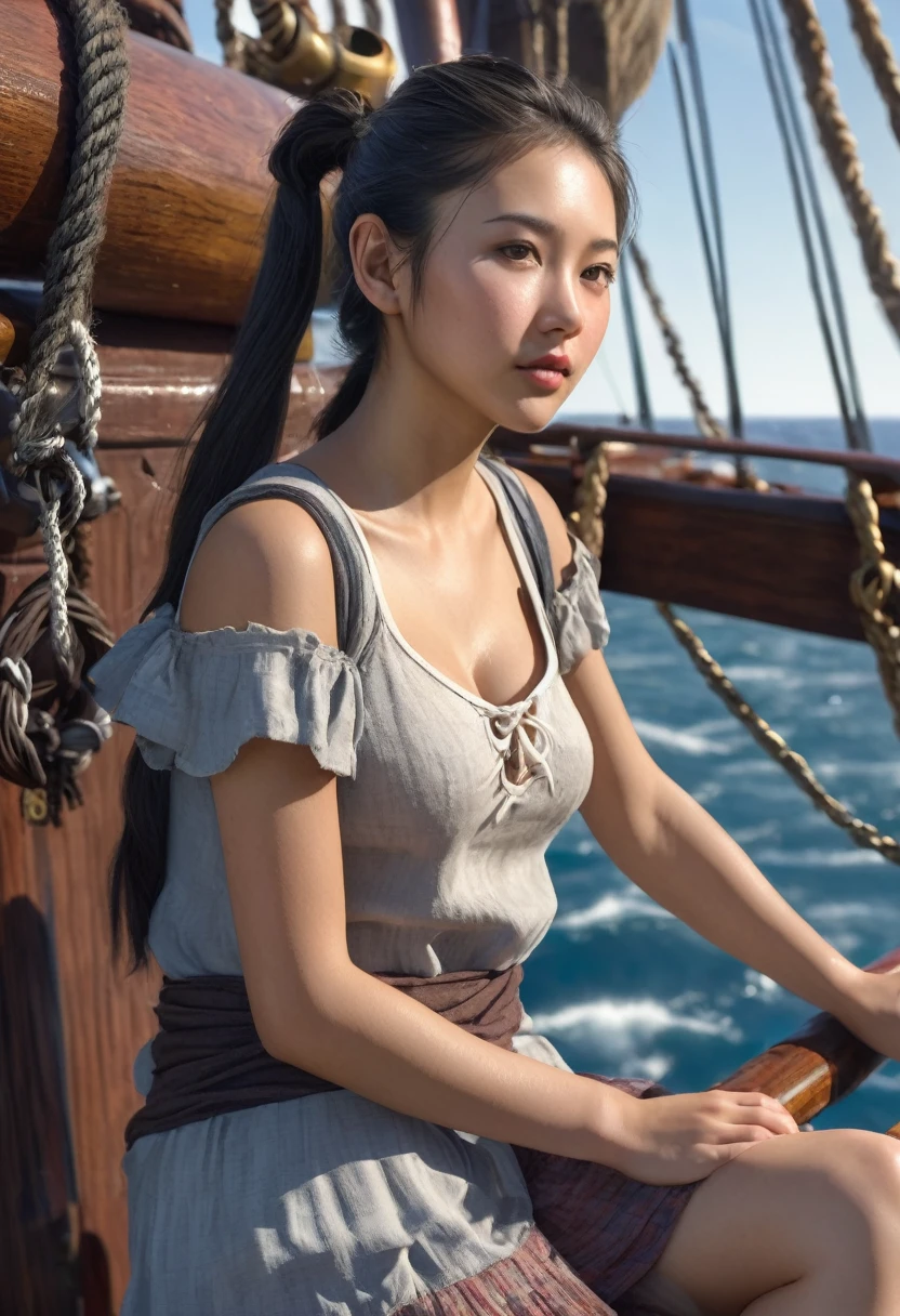 (((Creates shiny realistic photos))) A 15 year old medium breasted asian girl with ponytail hair in shabby clothes sits on the edge of the deck of a pirate ship sailing at anchor, looking out to sea with a curious look while seagulls fly around her, hyperrealism, realistic lighting, ultra skin texsture, stable diffusion, perfect anatomy, crazy details, hyperrealism body, hyperrealism face, hyperrealism breast, hyperrealism hair, hyperrealism shadows, hyperrealism texsture, hyperrealism skin texsture, hyperrealism detailed face, hyperrealism detailed body, hyperrealism detailed breast, hyperrealism detailed hair, hyperrealism detailed anatomy, hyperrealism detailed lighting, hyperrealism detailed shadows, hyperrealism detailed texsture, hyperrealism detailed background