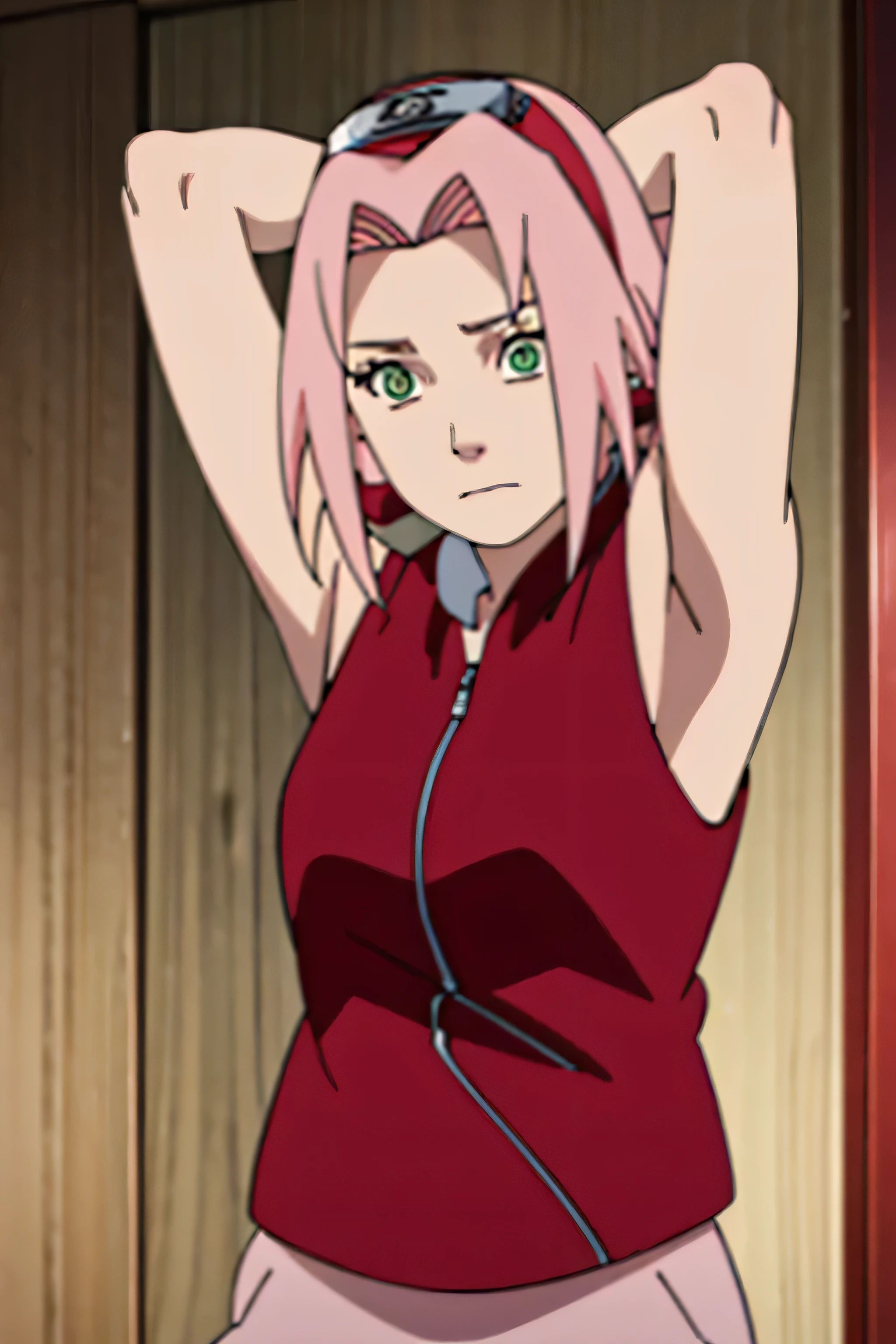 sakura haruno, sleeveless, red jacket, forehead protector, konohagakure symbol, arms behind head, armpits, showing armpits, posing, green eyes, perfect proportions, sakura shippuden
