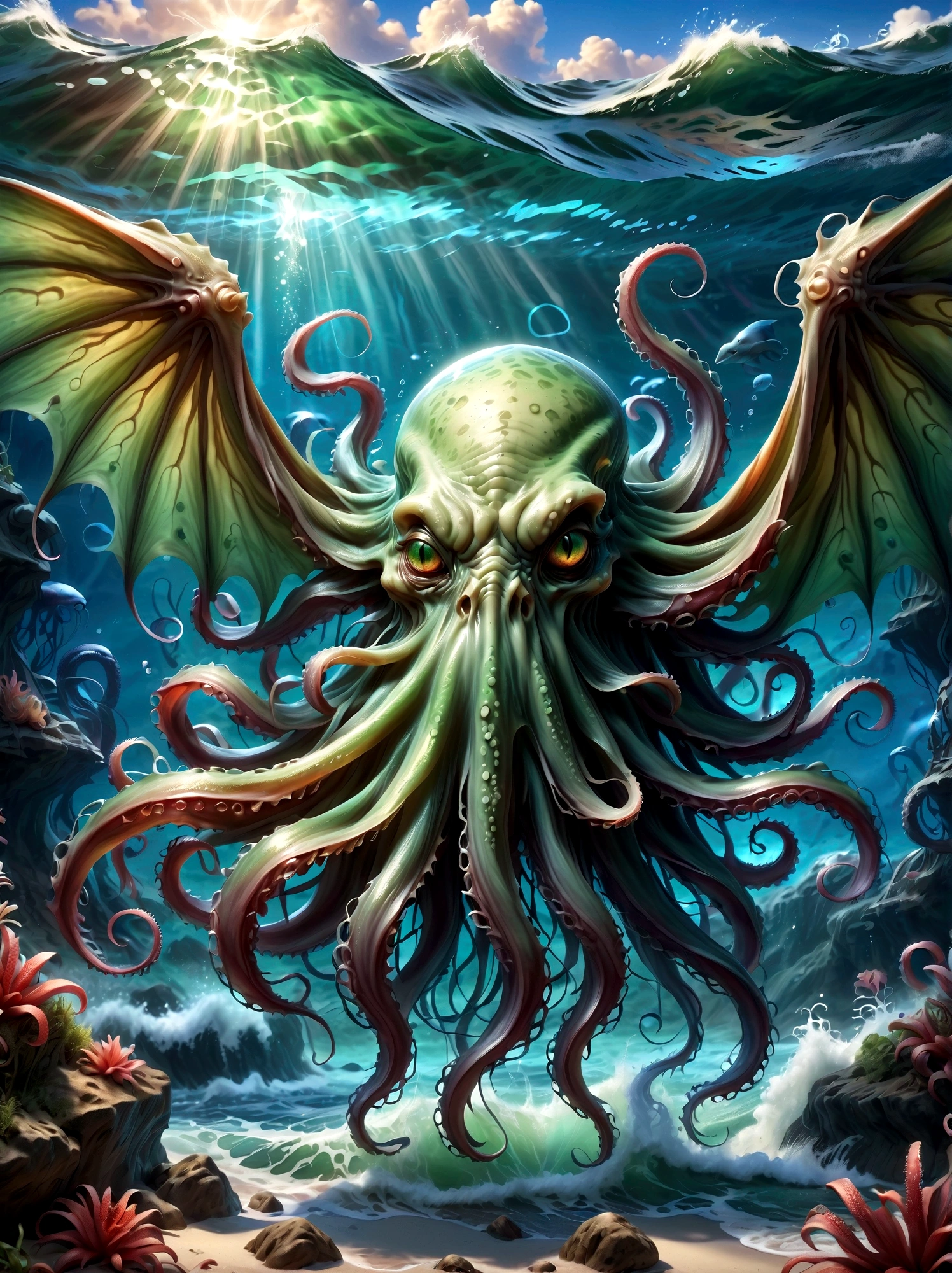 Cthulhu's appearance is described as extremely terrifying and grotesque.。It has a huge, bloated green body,Like a small mountain,Dripping with mucus,Covered with rough scales。Its head is a huge octopus-like sphere.,It's covered with tentacles,These tentacles are like those of an octopus.,Long and flexible,Can be bent and stretched at will。 Cthulhu's facial features are difficult to discern,Because it doesn't have eyes as we usually think of them、Nose or mouth。However,There seems to be a huge、Eyes without pupils,Emit a dim light,Let people。 It has huge claws growing under its body.,These claws are like giant crab claws.,Sharp and powerful,Can easily tear any object。On both sides of the body,Cthulhu also has a pair of long narrow wings,The wings are also covered with scales,And the edges have sharp serrations。 In general,Cthulhu's appearance is horrifying,Full of horror and mystery。Its existence itself is a challenge to human cognition and imagination,Let people无法用言语来形容它的恐怖和怪异。