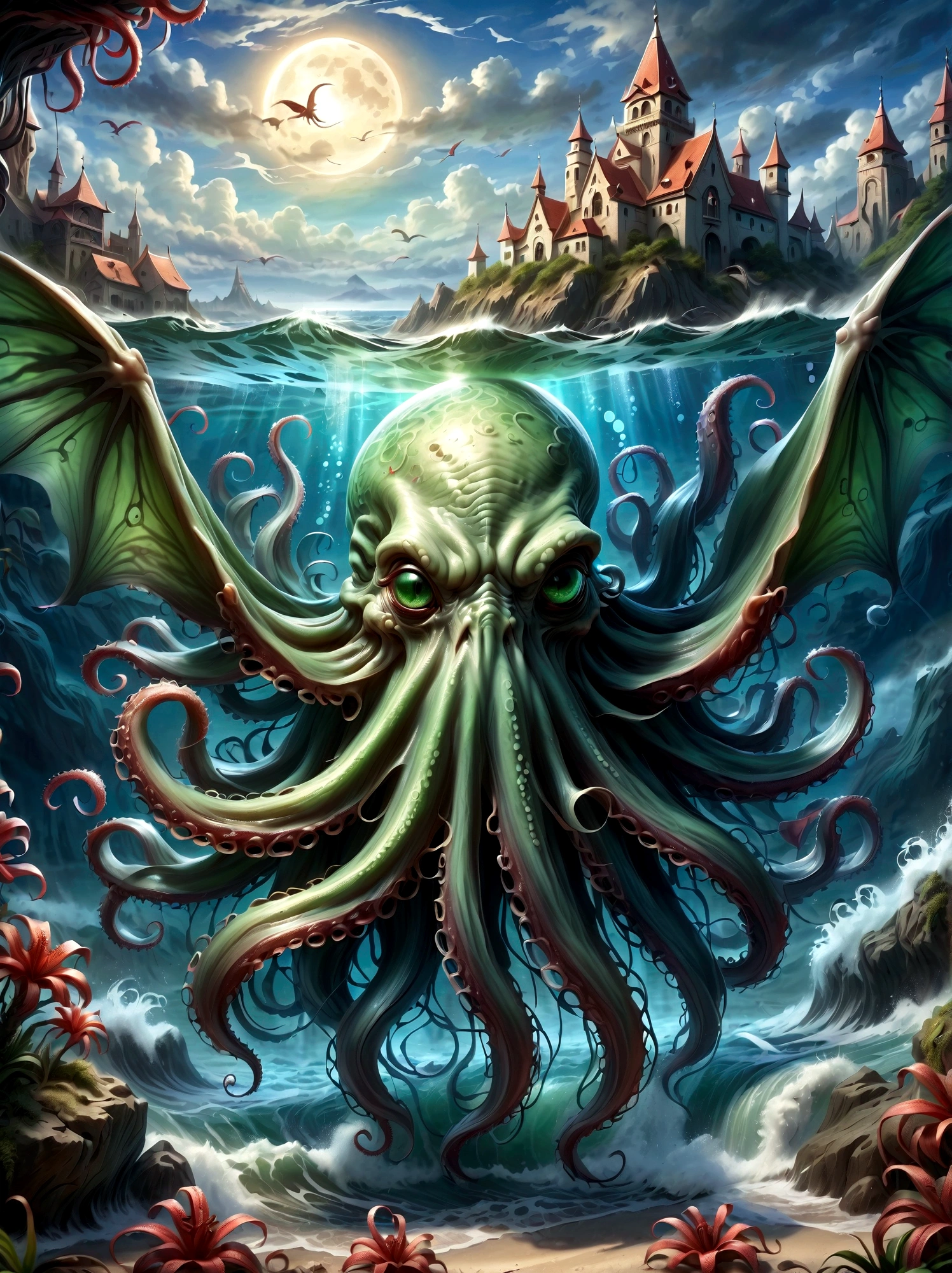 Cthulhu's appearance is described as extremely terrifying and grotesque.。It has a huge, bloated green body,Like a small mountain,Dripping with mucus,Covered with rough scales。Its head is a huge octopus-like sphere.,It's covered with tentacles,These tentacles are like those of an octopus.,Long and flexible,Can be bent and stretched at will。 Cthulhu's facial features are difficult to discern,Because it doesn't have eyes as we usually think of them、Nose or mouth。However,There seems to be a huge、Eyes without pupils,Emit a dim light,Let people。 It has huge claws growing under its body.,These claws are like giant crab claws.,Sharp and powerful,Can easily tear any object。On both sides of the body,Cthulhu also has a pair of long narrow wings,The wings are also covered with scales,And the edges have sharp serrations。 In general,Cthulhu's appearance is horrifying,Full of horror and mystery。Its existence itself is a challenge to human cognition and imagination,Let people无法用言语来形容它的恐怖和怪异。