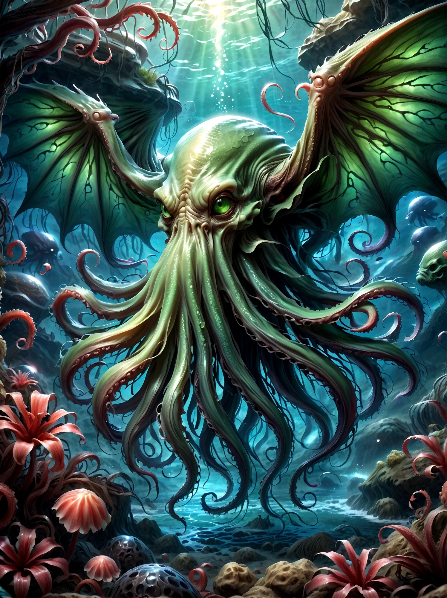 Cthulhu's appearance is described as extremely terrifying and grotesque.。It has a huge, bloated green body,Like a small mountain,Dripping with mucus,Covered with rough scales。Its head is a huge octopus-like sphere.,It's covered with tentacles,These tentacles are like those of an octopus.,Long and flexible,Can be bent and stretched at will。 Cthulhu's facial features are difficult to discern,Because it doesn't have eyes as we usually think of them、Nose or mouth。However,There seems to be a huge、Eyes without pupils,Emit a dim light,Let people。 It has huge claws growing under its body.,These claws are like giant crab claws.,Sharp and powerful,Can easily tear any object。On both sides of the body,Cthulhu also has a pair of long narrow wings,The wings are also covered with scales,And the edges have sharp serrations。 In general,Cthulhu's appearance is horrifying,Full of horror and mystery。Its existence itself is a challenge to human cognition and imagination,Let people无法用言语来形容它的恐怖和怪异。