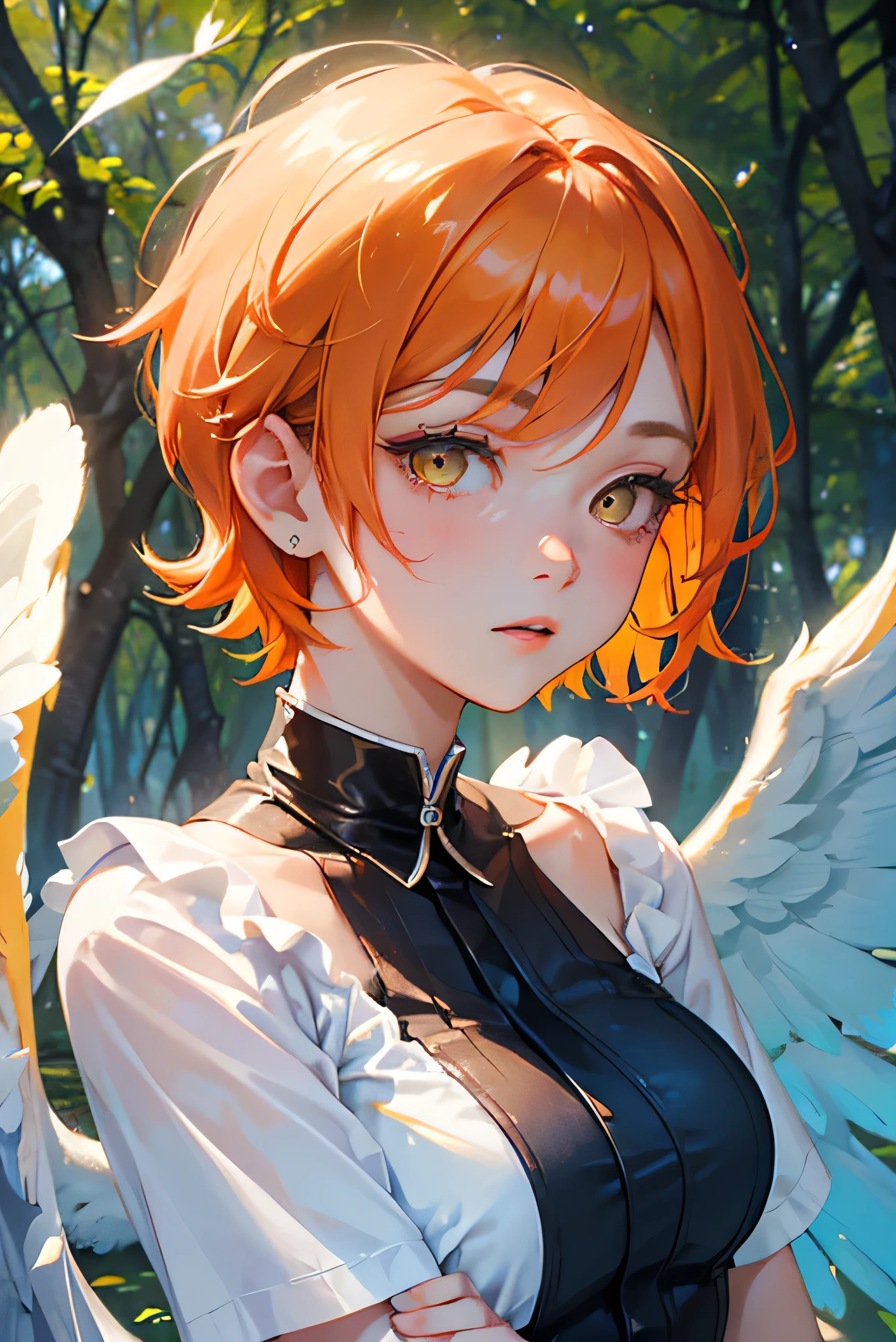 A cool adult woman wearing angel clothes、1 person、blue sky、((Orange short hair))、(Yellow Eyes)、(Lively expressions)、Natural forest background、Bold Pose、White feathers scatter、Face close-up