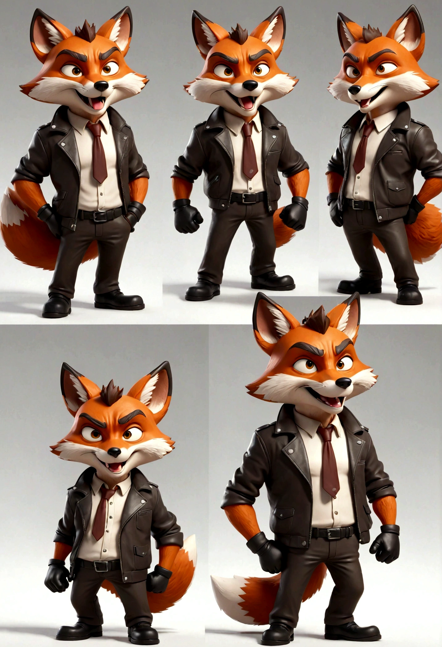 gray middle-age cartoon fox character, leather jacket, mafia, multiple poses and expressions, 4 poses, cool face, full body, simple, artist, full color, 3d model, light and shadow, suit clothes, boss, flat color, white background