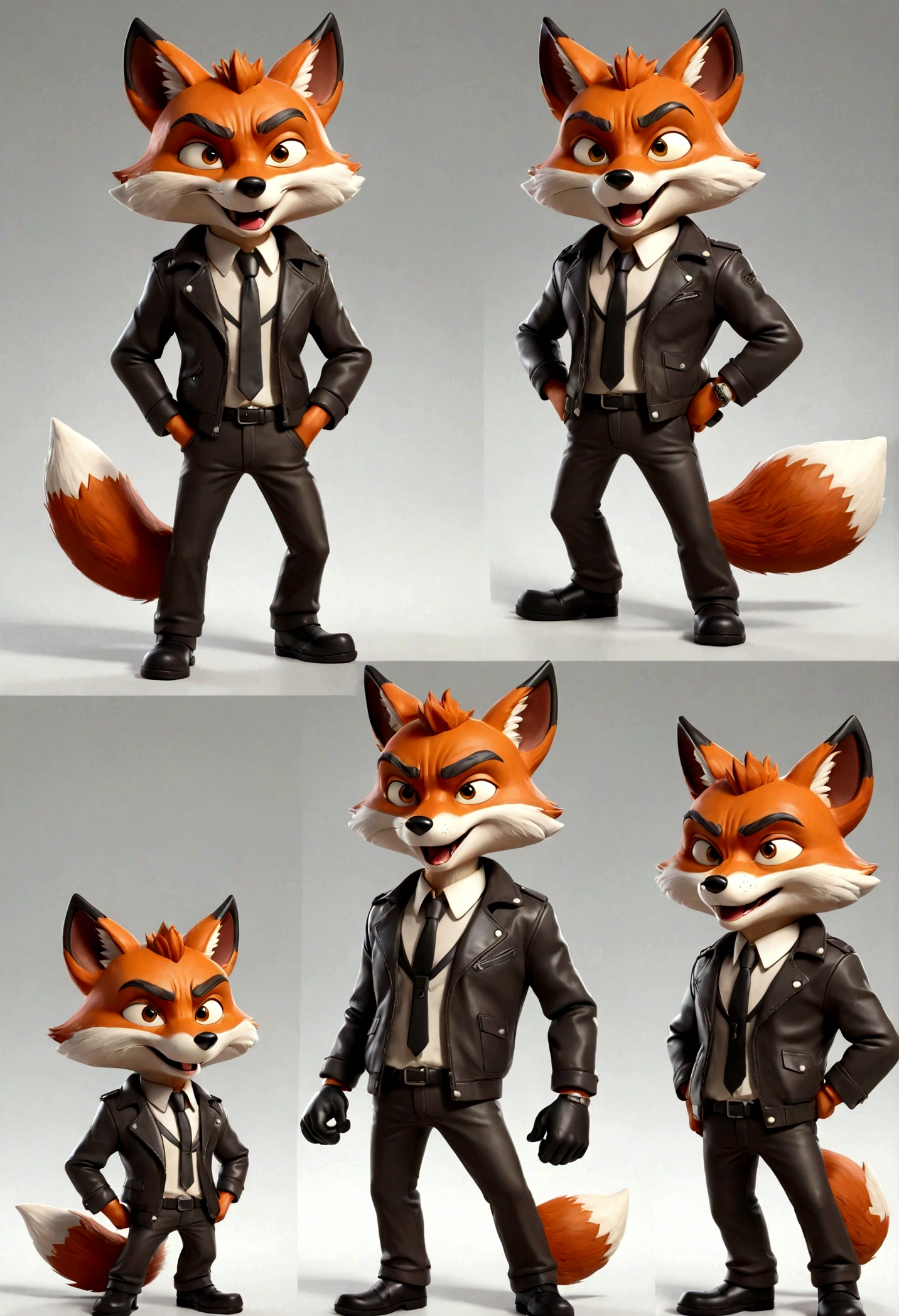 gray middle-age cartoon fox character, leather jacket, mafia, multiple poses and expressions, 4 poses, cool face, full body, simple, artist, full color, 3d model, light and shadow, suit clothes, boss, flat color, white background