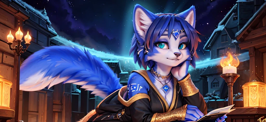 A beautiful and detailed (sweet portrait) von ((Krystal)), Sternenfuchs Krystal, Schlank, liebenswert, green eyes, medium breasts, (((Lange blaue Haare 1.3))), ((schwarze haarspitzen)), Dekollete, Grinsen, hoch schauen,, anthro, Pelzig, Hochgeladen E621, detailed flauschige fur, (von Fluff-Kevlar, Bayard Wu, Personalami, Pino Daeni), detailliertes Gesicht, (flauschige), 1 girl, Allein, Stammes-Kleidung, sweet girl, solo, wears a mages robe