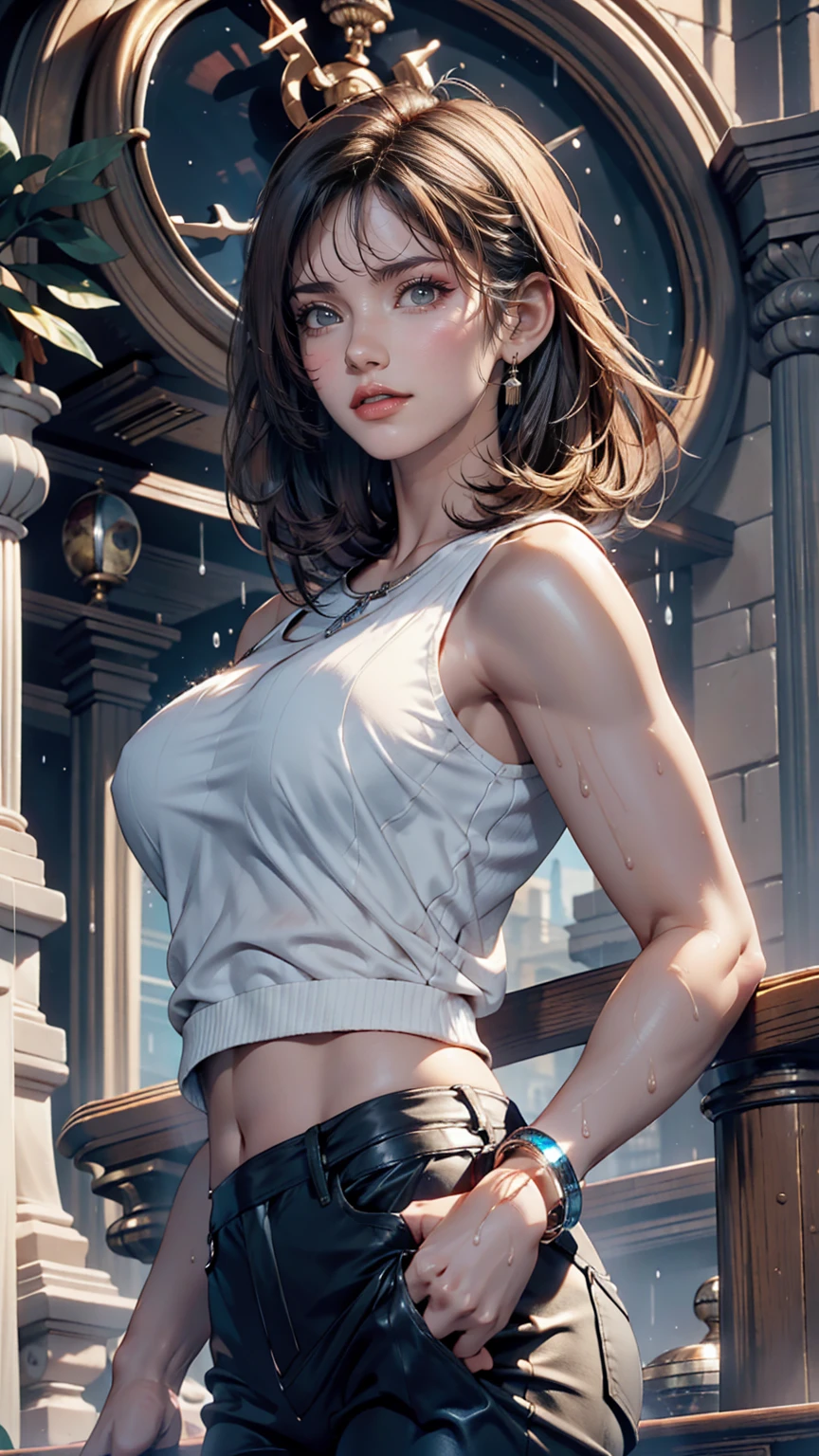 masterpiece, highest quality, Super detailed),(One girl), blue eyes, short hair, Brunette, Dynamic Angle, Dynamic pose, Natural light, floating, (Color Top:1.2|Black Top), (Tight Skirt:1.2|Leather pants:0.9), (Silver Bracelet:1.2|clock), (Natural background:0.8| Cityscape), (smile:0.8| Serious expression), (Light in the hair), lots of water droplets:0.8
