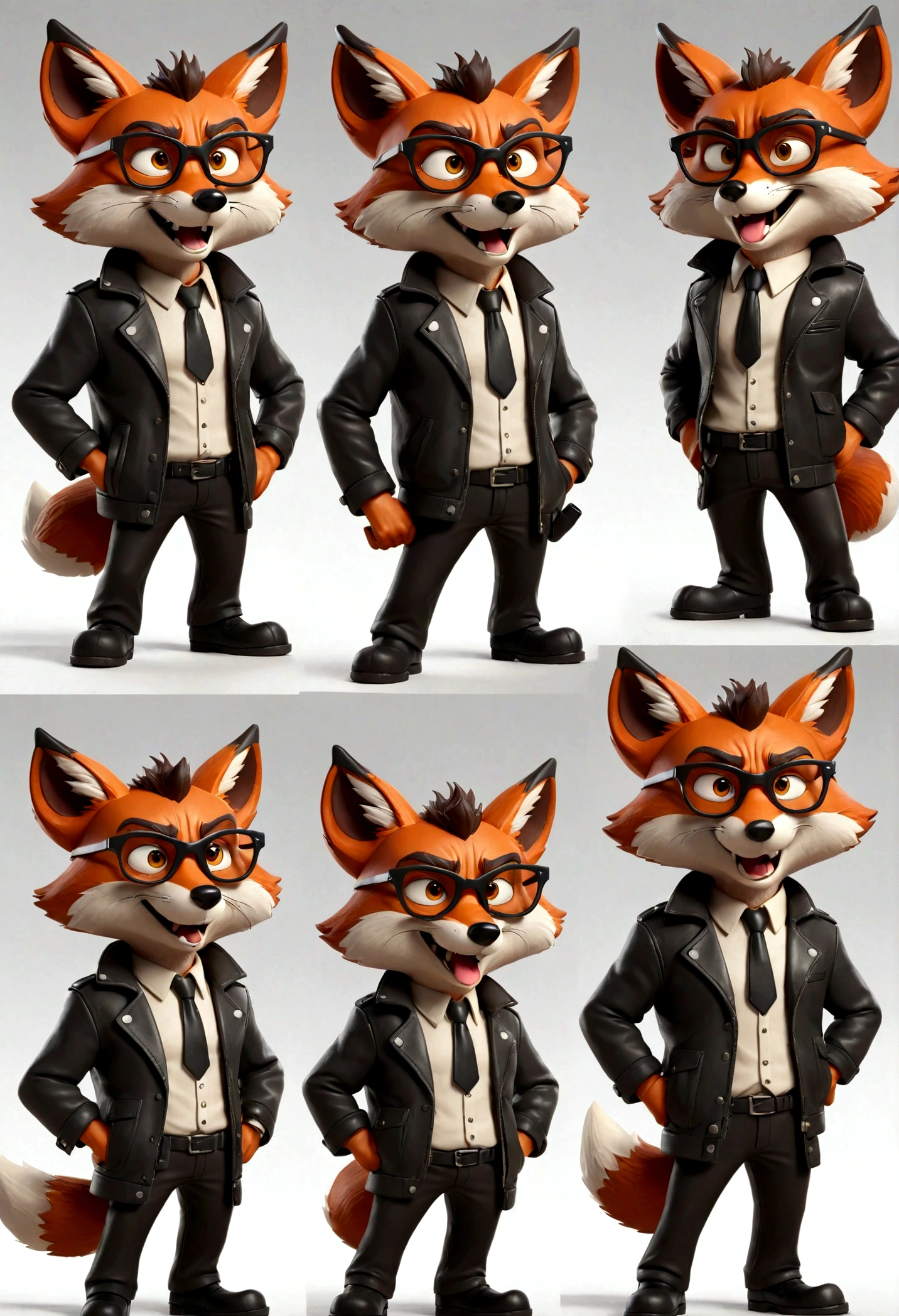 gray middle-age cartoon fox character, leather jacket, mafia, multiple poses and expressions, 4 poses, cool face, full body, simple, artist, full color, 3d model, light and shadow, suit clothes, boss, flat color, white background, glasses black