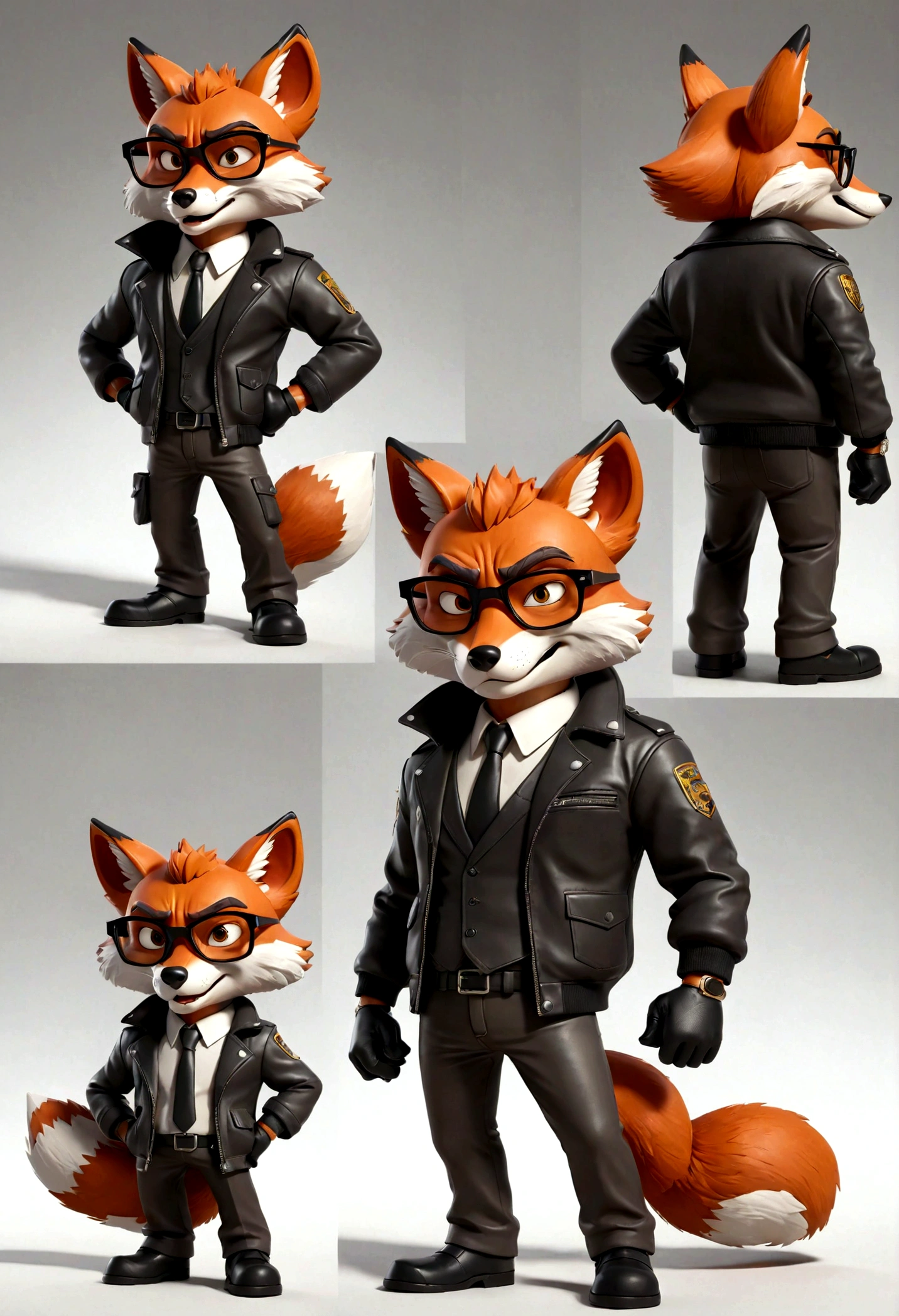 gray middle-age cartoon fox character, leather jacket, mafia, multiple poses and expressions, 4 poses, cool face, full body, simple, artist, full color, 3d model, light and shadow, suit clothes, boss, flat color, white background, glasses black
