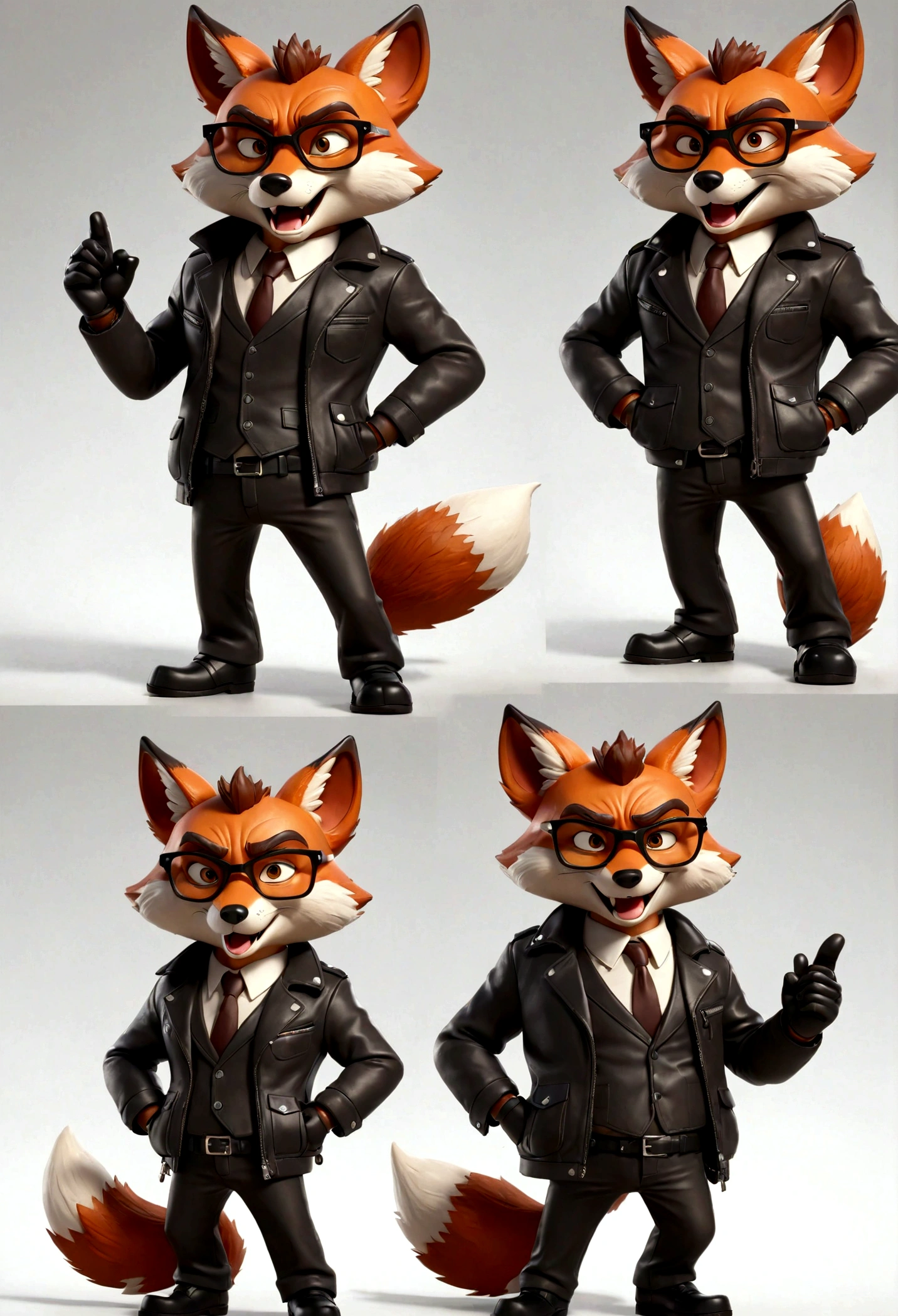 gray middle-age cartoon fox character, leather jacket, mafia, multiple poses and expressions, 4 poses, cool face, full body, simple, artist, full color, 3d model, light and shadow, suit clothes, boss, flat color, white background, glasses black