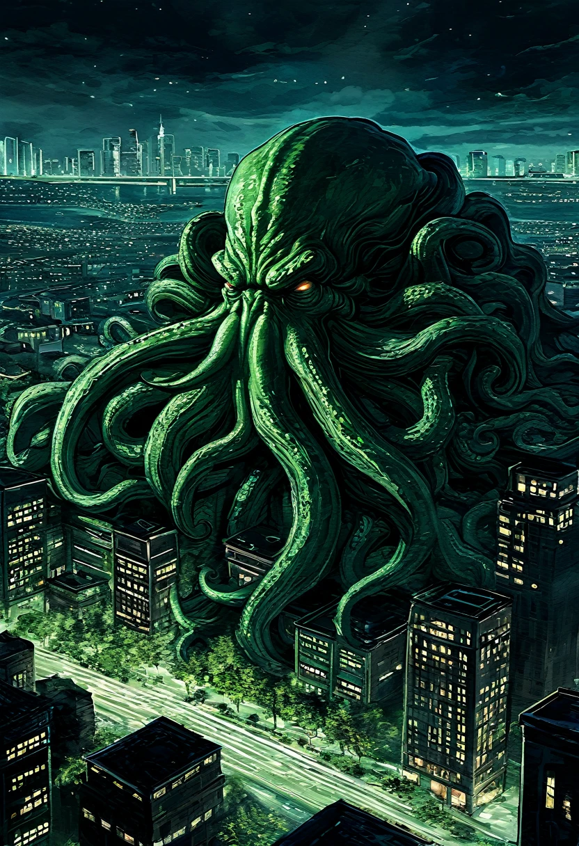 Cthulhu, Gigantic extraterrestrial creature sleeping for millennia in the city of R&#39;lyeh submerged under the waves of the Pacific Ocean, Cthulhu is worshiped as a god by deviant humans and aquatic beings who worship him immemorially through antediluvian sculptures, reproduire parfaitement sa forme vaguement humanoïde complétée d'une tête de seiche, de tentacules de pieuvre et d'ailes semblables à celles d'un dragon, Howard Phillips Lovecraft, Hyperrealistic and highly detailed Cthulhu, ((masterpiece, superior quality, high resolution)), ((highly detailed CG unified 8K wallpaper)), crowd of tranced worshipers taking photos with their phones, (ailes de dragon) 
