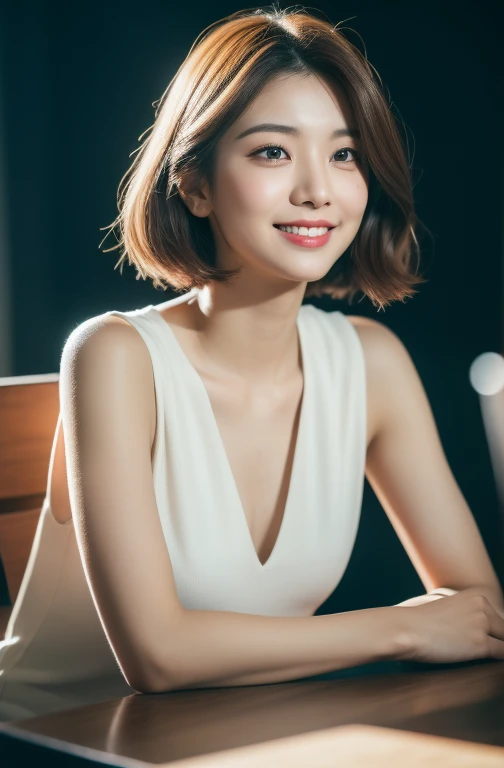 (8k RAW photos, best quality), ((table top)), Ultra A high resolution, movie穀物, movie,( 20 years old, slim 얼굴, 1 girl, long eyelashes, eye highlights), natural skin texture, perfectly proportioned face, Realistic eye and face details, lipstick, (assembly), red eyeshadow, Short hair, hair is messy, laugh, shut one's mouth, 아름다운 leg, tall lady, thin, slim_leg, alone, busty, ~am,(natural place), (detailed background), ((open front trench coat,white inner shirt)), busty, hazy background, hazy, brown hair, forehead, necklace, chapped lips, depth of field
