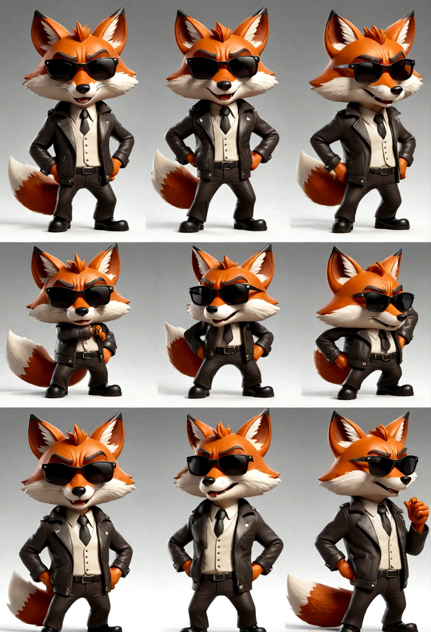 gray middle-age cartoon fox character, leather jacket, mafia, multiple poses and expressions, 4 poses, cool face, full body, simple, artist, full color, 3d model, light and shadow, suit clothes, boss, flat color, white background, black sunglasses