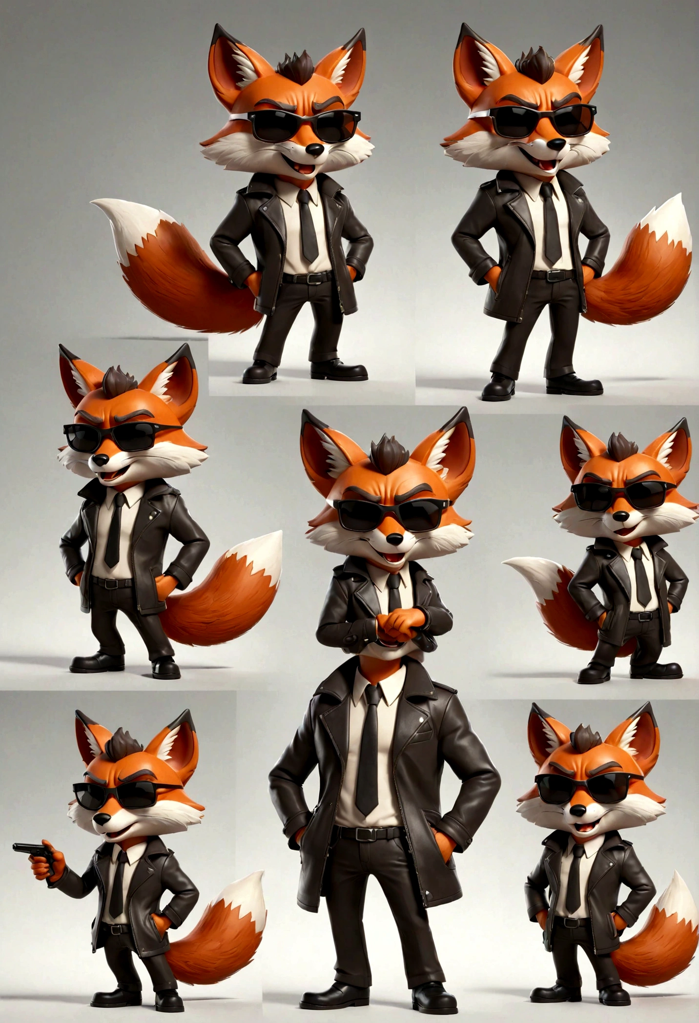gray middle-age cartoon fox character, leather jacket, mafia, multiple poses and expressions, 4 poses, cool face, full body, simple, artist, full color, 3d model, light and shadow, suit clothes, boss, flat color, white background, black sunglasses
