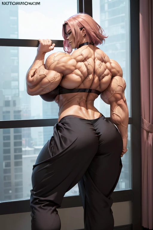 ((((Massive tall, beautiful, buff, light brown skinned muscular woman with shocking pink hair, black lipstick, ginormous bulky muscles, showing back muscles next to a window and wearing a silk black bra with black silk pajamas pants)))), close view, massive muscle, massive biceps, hyper muscle shoulders, (massive muscle arms), vascular shoulders, hyper muscle triceps, (angled bob cut), red eyes, choker, slippers, (in an apartment), closed smile, night, hyper vascular arm, hyper muscles arms, hyper muscle legs, (massive arms).