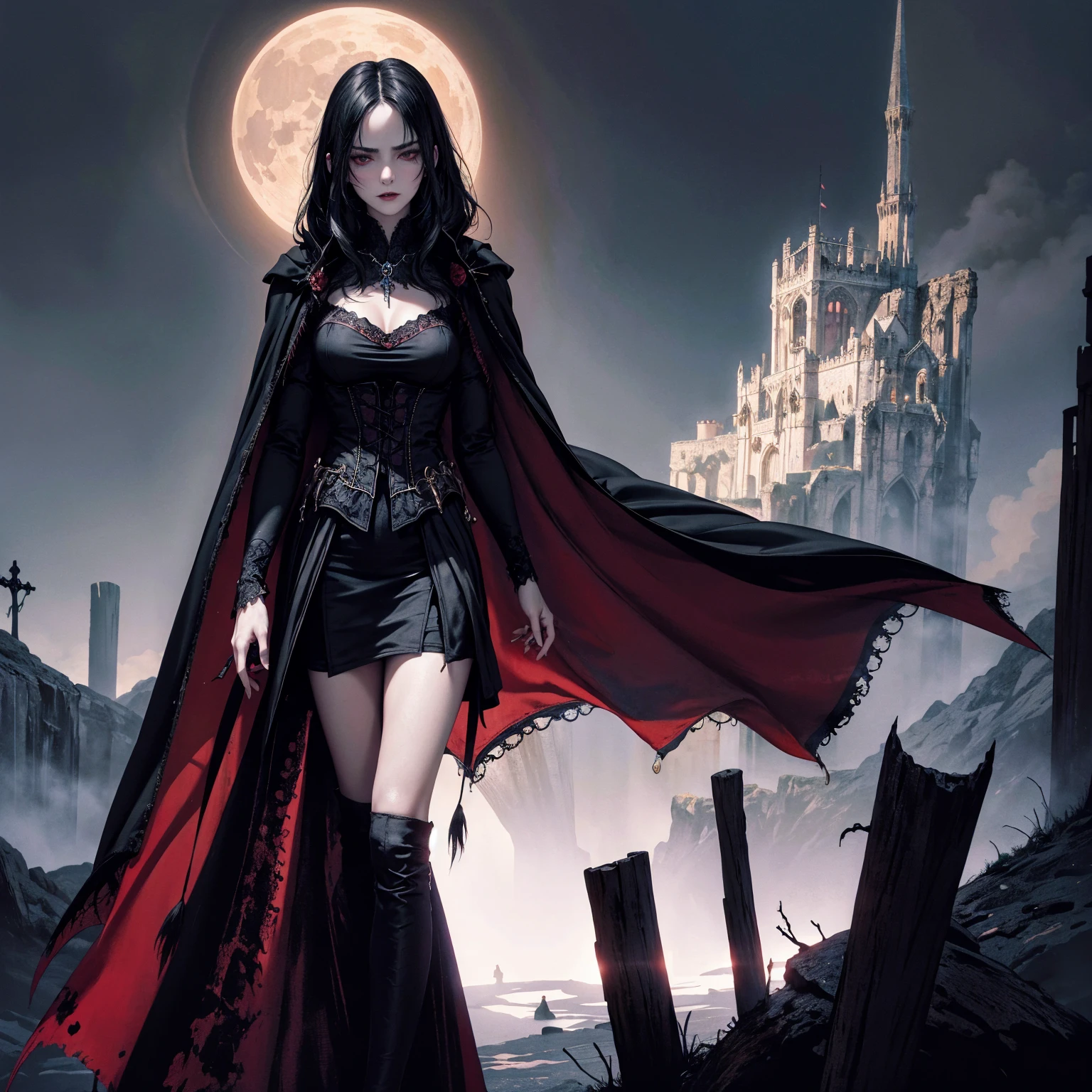 best quality, 4k, high resolution, masterpiece:1.2, Very detailed, actual:1.37, Mood lighting, Vampire girl in cloak, Wearing a gothic skirt that shows a little skin above the chest, Dangerous sneer, Black Hair, Standing, Crucified, Pitch black sky, Red Moonlight, strange atmosphere, Gothic style, Unforgettable beauty, Dramatic shadows, Ethereal Light, Mysterious atmosphere.
