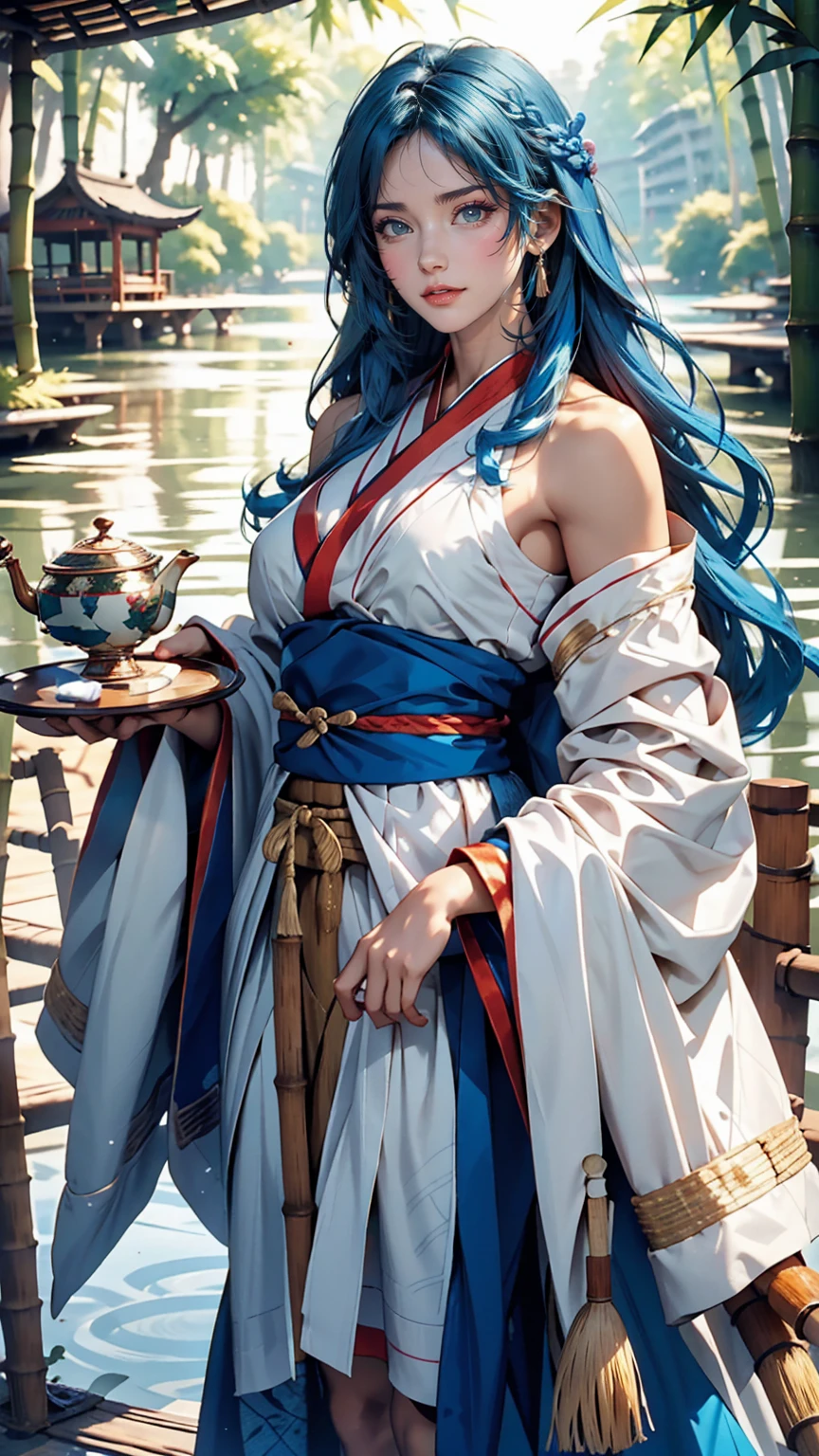 masterpiece, highest quality, Official Art, 8k wallpaper, Very detailed, figure, 1 girl, Sky Blue Hair, Long Hair, Fine grain, Forrest Gump, Exposing shoulders, Hanfu, lake, Pure, A kind smile, bamboo, tea