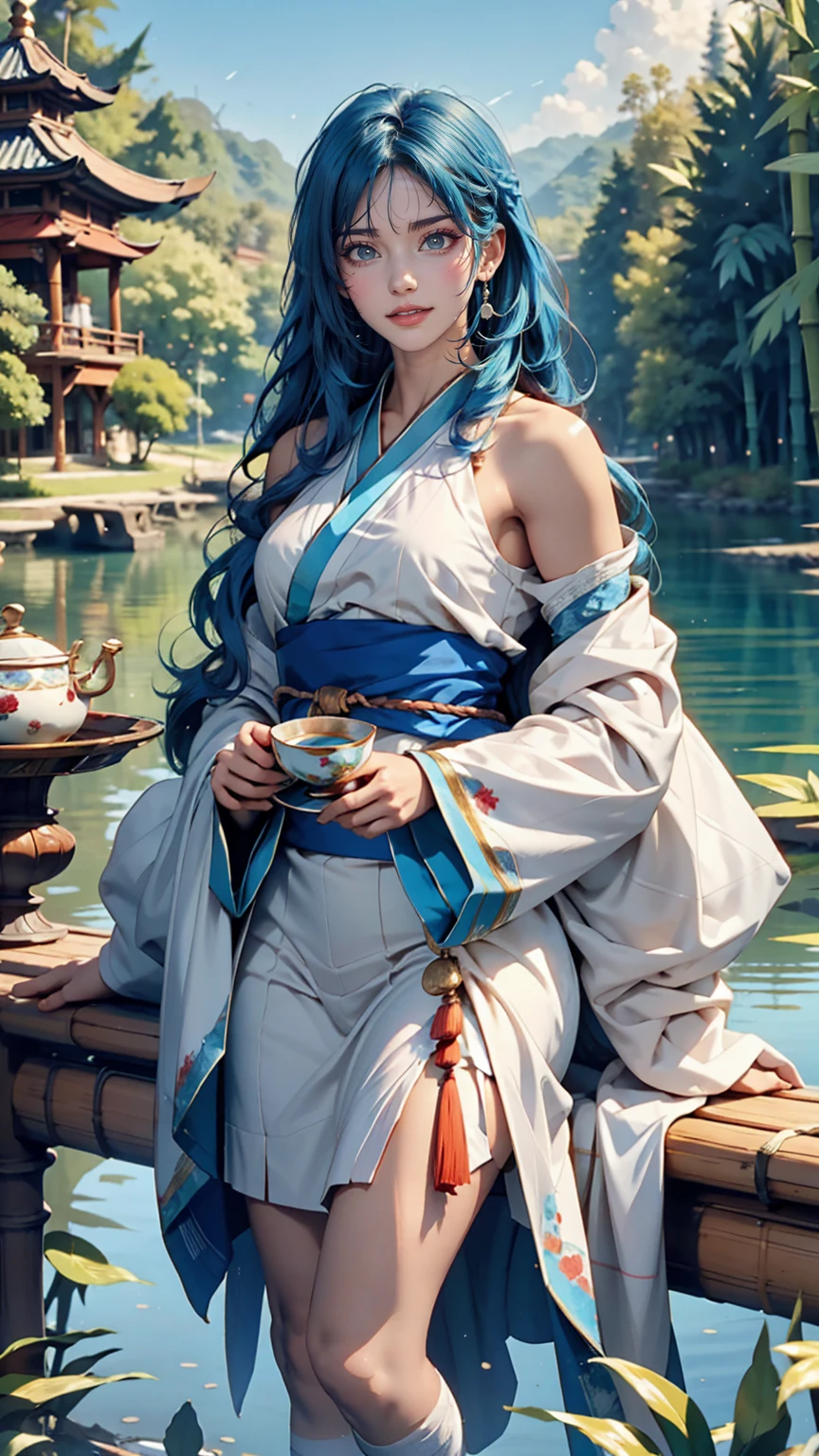 masterpiece, highest quality, Official Art, 8k wallpaper, Very detailed, figure, 1 girl, Sky Blue Hair, Long Hair, Fine grain, Forrest Gump, Exposing shoulders, Hanfu, lake, Pure, A kind smile, bamboo, tea
