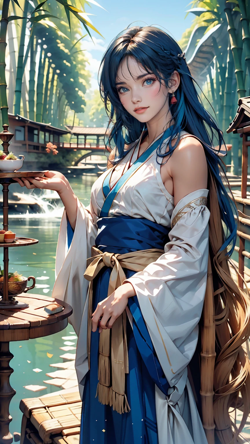 masterpiece, highest quality, Official Art, 8k wallpaper, Very detailed, figure, 1 girl, Sky Blue Hair, Long Hair, Fine grain, Forrest Gump, Exposing shoulders, Hanfu, lake, Pure, A kind smile, bamboo, tea