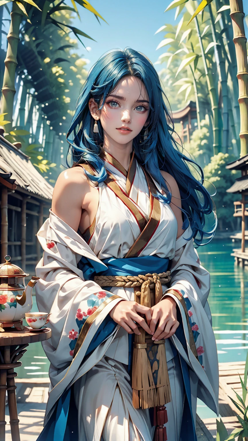 masterpiece, highest quality, Official Art, 8k wallpaper, Very detailed, figure, 1 girl, Sky Blue Hair, Long Hair, Fine grain, Forrest Gump, Exposing shoulders, Hanfu, lake, Pure, A kind smile, bamboo, tea