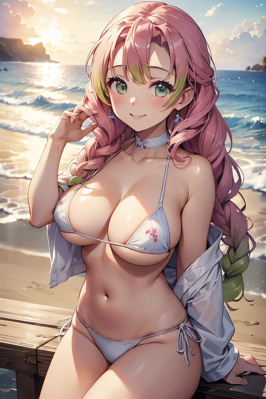 (8K、masterpiece、Highly detailed background、high resolution)、(mitsuri kanroji)、Cleavage、(beach、White Bikini、Gravure pose、Embarrassed smile、Nipple protrusion)