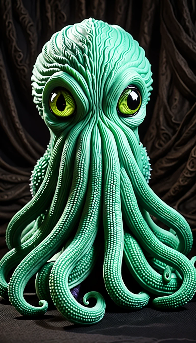 plush toy, cthulhu, the great terrifying ancient one, small and cute, highly detailed, hyper realistic, 8k, 3d render, photorealistic, studio lighting, intricate, adorable, soft, fluffy, cuddly, tentacles, tentacle monster, eldritch horror, cosmic horror, otherworldly, fantasy, dark fantasy, occult, esoteric, mysterious, enigmatic, mesmerizing, hypnotic