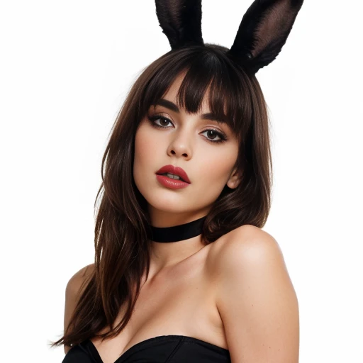 This image depicts a young woman with dark, shoulder-length hair, styled with blunt bangs that frame her face. She is wearing a pair of black bunny ears, adding a playful, seductive element to her appearance. The woman's makeup is expertly applied, with bold, dark brows, smoky eye makeup, and glossy, full lips painted in a deep red hue.

The woman's gaze is direct and captivating, her expression conveying a sense of confidence and allure. Her pose is accentuated by the fitted, strapless black top she is wearing, which draws attention to her curvaceous figure and décolletage. The crisp, white background allows the woman's striking features and styling to take center stage.

Overall, the image exudes a captivating, sultry atmosphere, with the woman's appearance and pose suggesting a blend of innocence and sensuality. The combination of her confident, seductive expression and the playful bunny ear accessory creates a visually intriguing and enticing narrative.