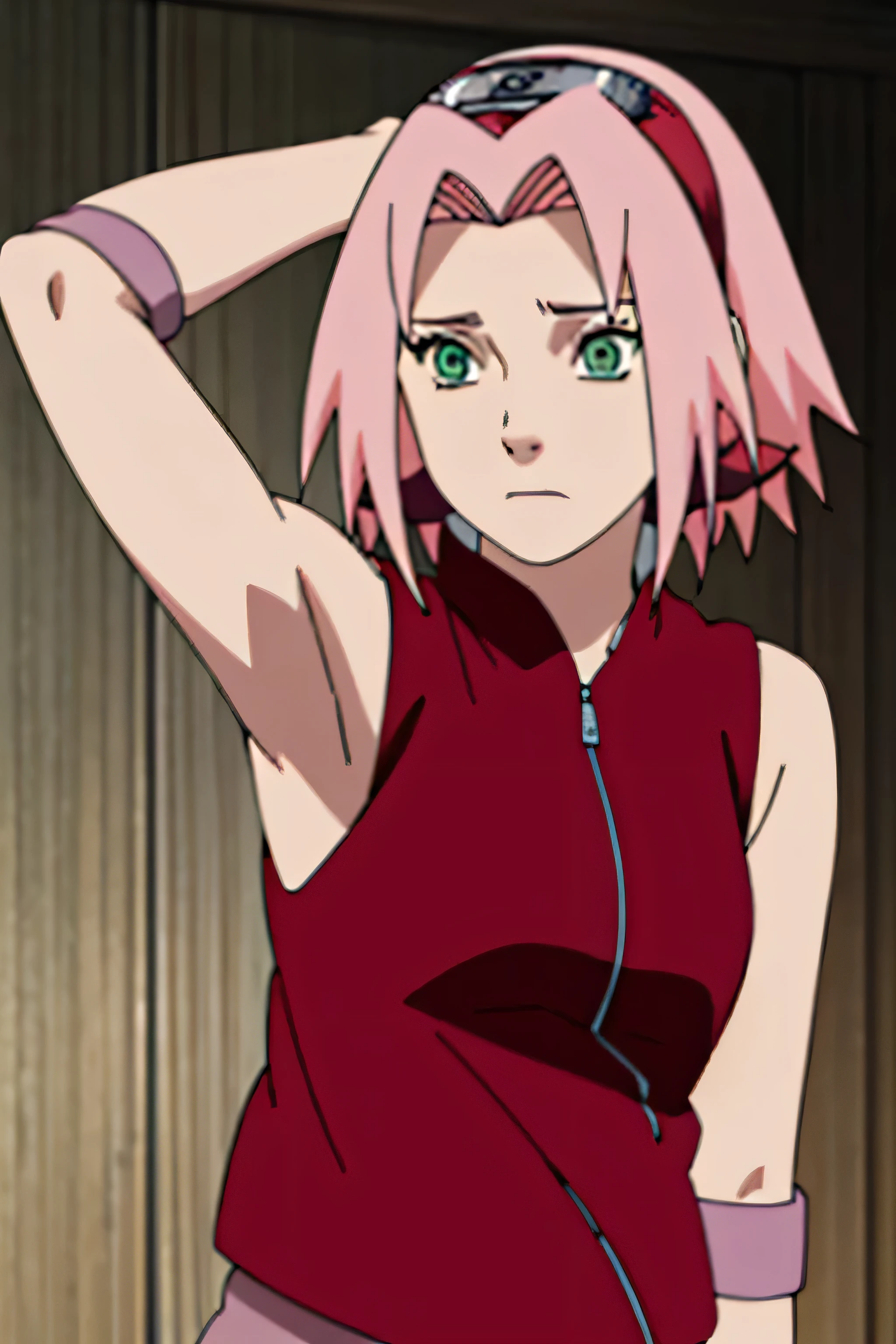 sakura haruno, sleeveless, red jacket, forehead protector, konohagakure symbol, arms behind head, armpits, showing armpits, posing, green eyes, perfect proportions, sakura shippuden