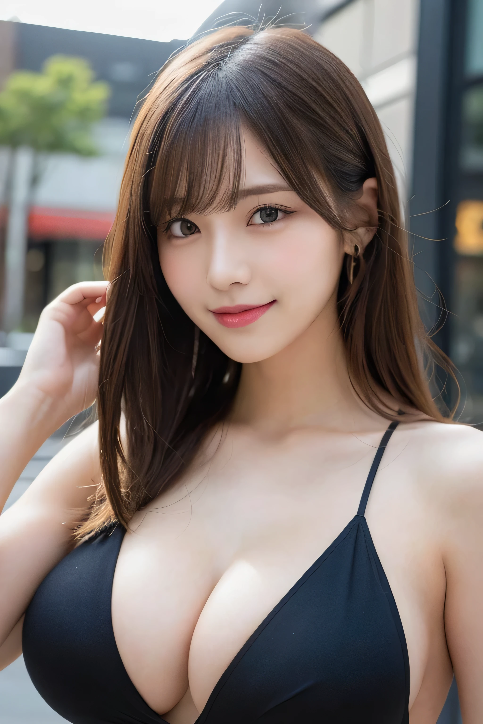 masutepiece, Best Quality, Illustration, Ultra-detailed, finely detail, hight resolution, 8K Wallpaper, Perfect dynamic composition, Beautiful detailed eyes, Women's Fashion Summer,Medium Hair,Small breasts natural color lip, Bold sexy poses,Smile,Harajuku、20 years girl、Cute、Sexy shot looking at camera, (Large Breasts:1.5), (Slim Body:1.5),