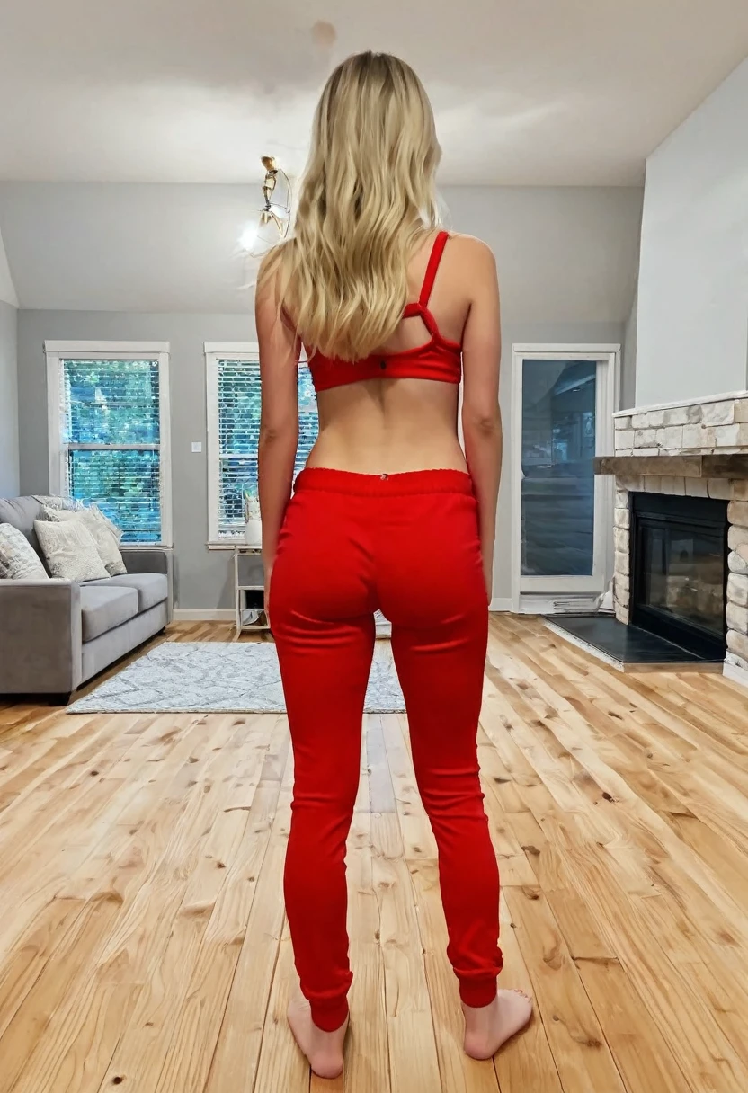 From behind, full body of a barefoot, very Young skinny blonde girl with round bottom in skin tight red pajama pants with deep wedgie, 8k resolution, perfect face, standing in modern house on wood floor
