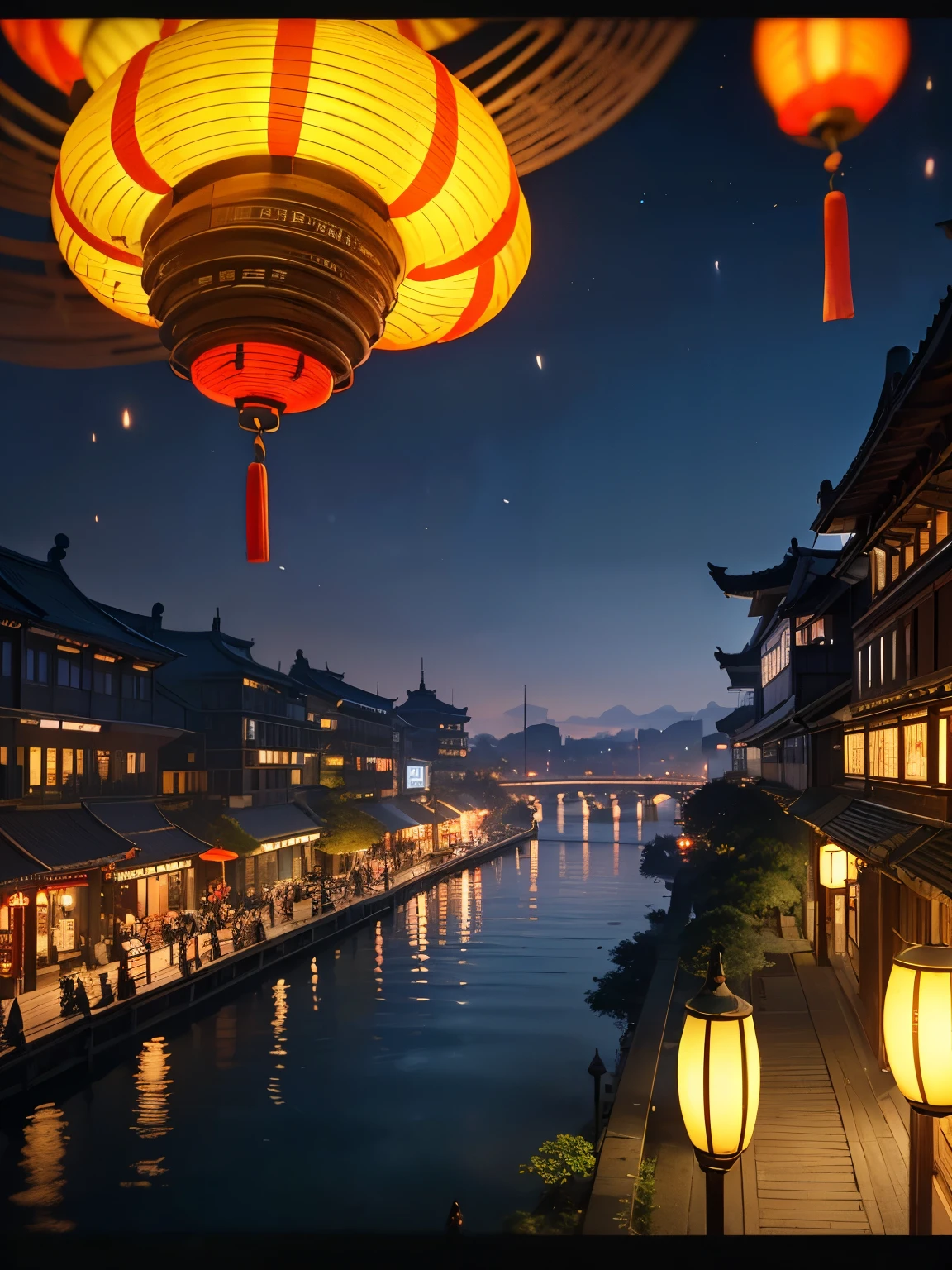 (8K, highest quality, masterpiece),(Realistic, RAW Photos, Super Fine Clear), Realistic Light, Lantern Festival in Tainan, no peoples, lake side, traditional chinese wooden buildings, (fly many lanterns into the night sky:1.2)